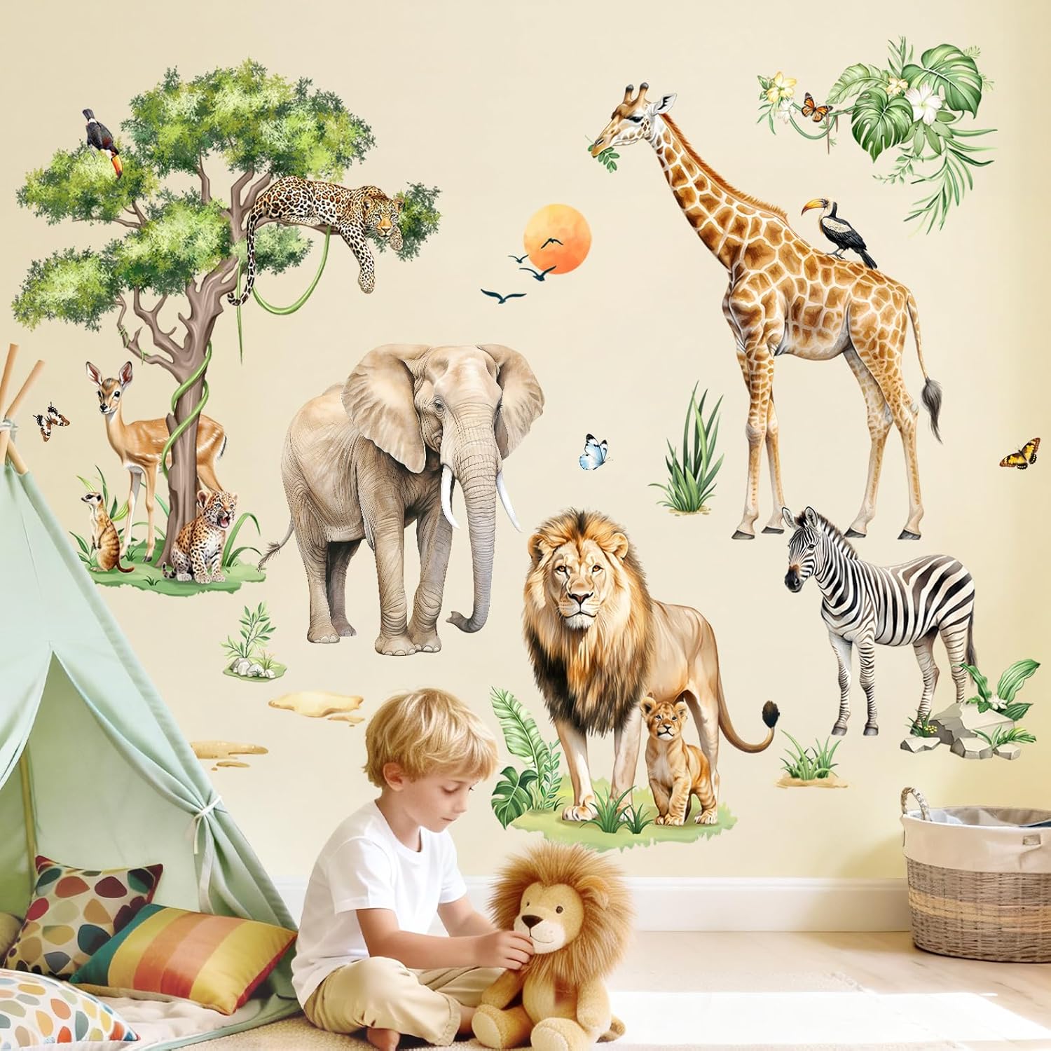 Tanlaby Large Safari Animals Tree Wall Stickers Jungle Animal Giraffe Elephant Lion Leopard Wall Decals Baby Nursery Kids Room Wall Decor(XXL)