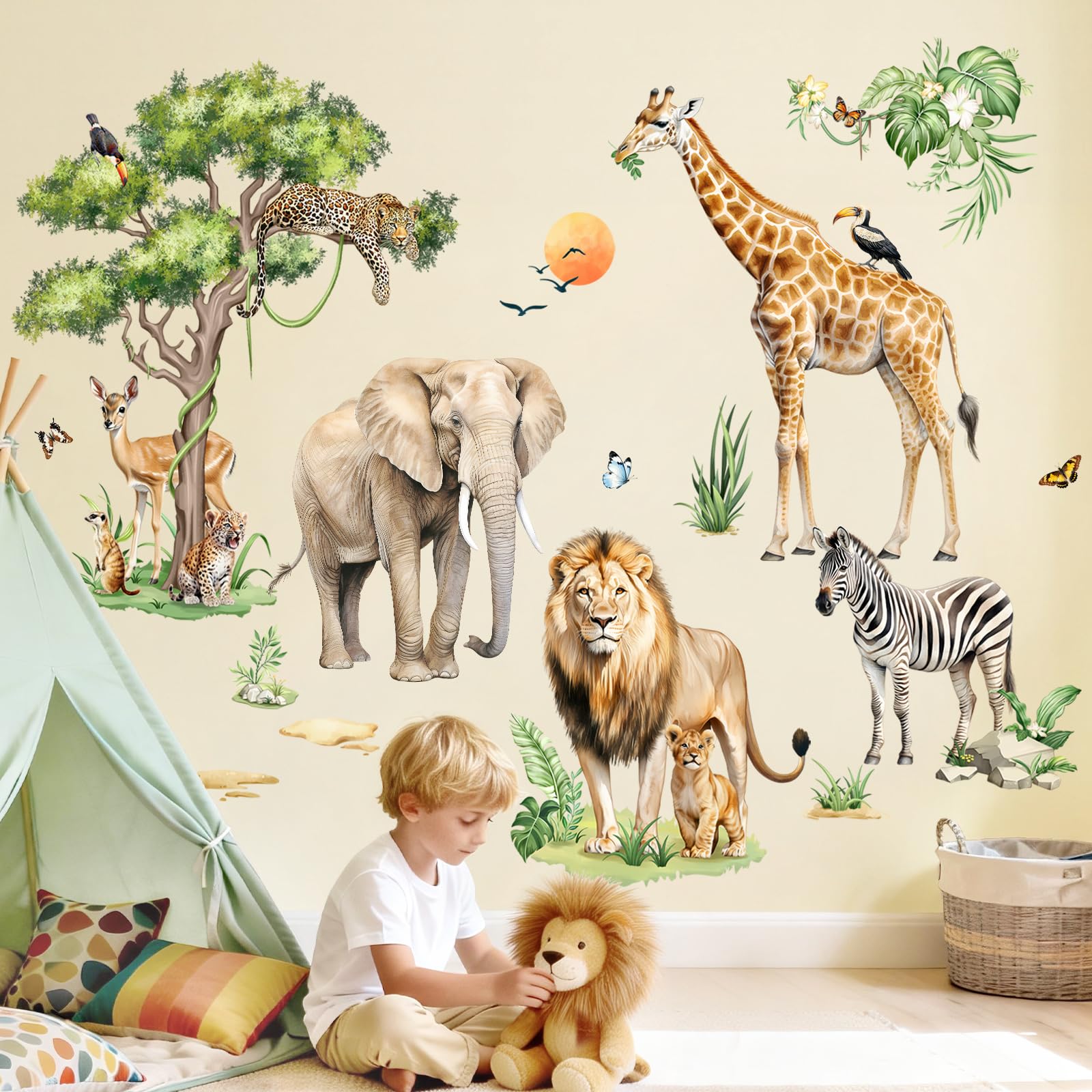 Tanlaby Large Safari Animals Tree Wall Stickers Jungle Animal Giraffe Elephant Lion Leopard Wall Decals Baby Nursery Kids Room Wall Decor(XXL)