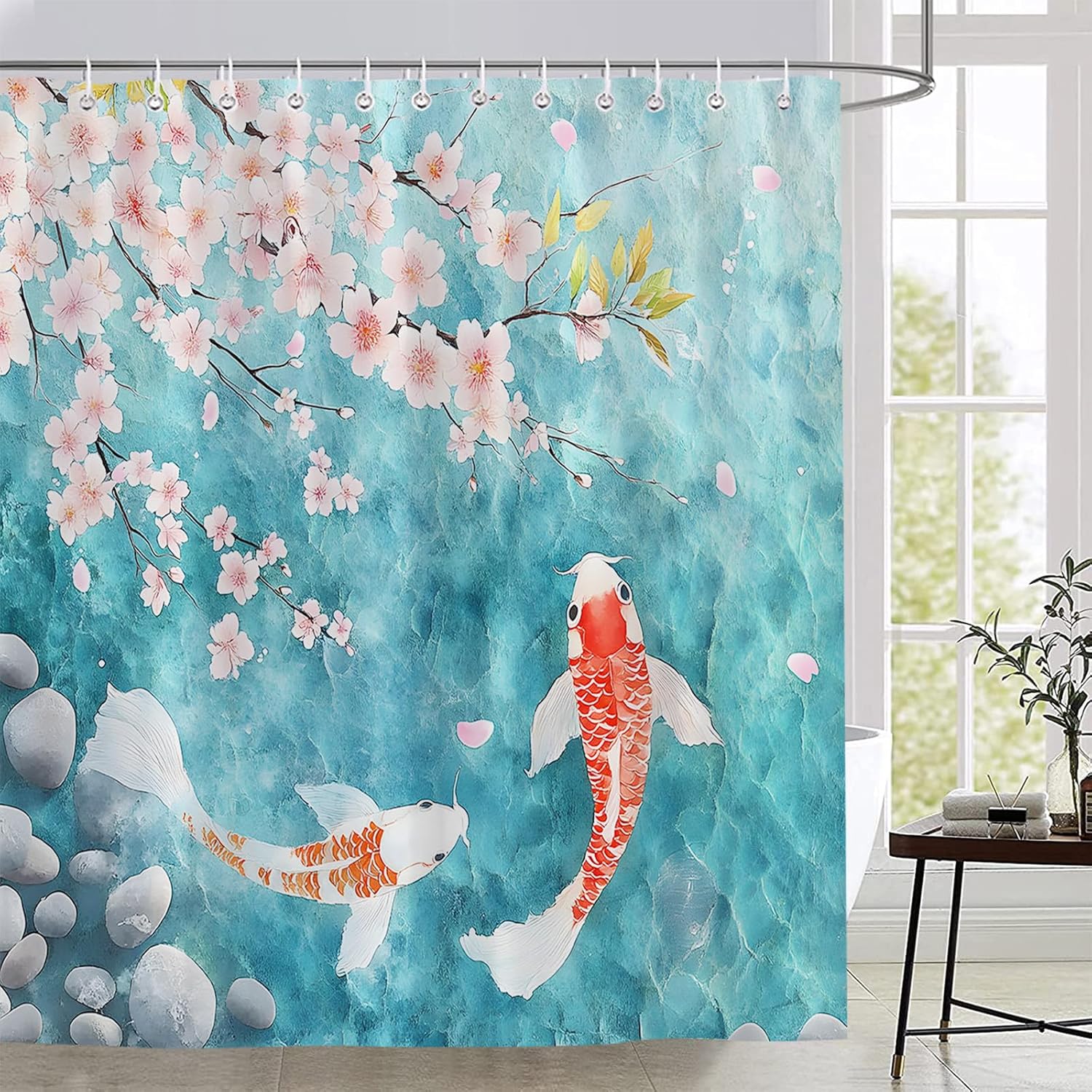Japanese Fish Shower Curtain Pink Cherry Blossom Asian Floral Blue Lake Animal Zen Garden Nature Abstract Art Bathroom Decor Set Polyester Fabric with Hooks 70X90 Inch