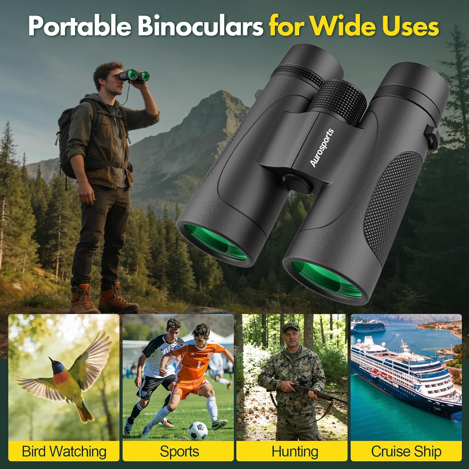 12x42 Binoculars for Adults High Powered - Aurosports Nitrogen-Purged IPX7 Waterproof HD Binoculars for Bird Watching and Hunting with BAK4 Prism Long Range Binocular Black
