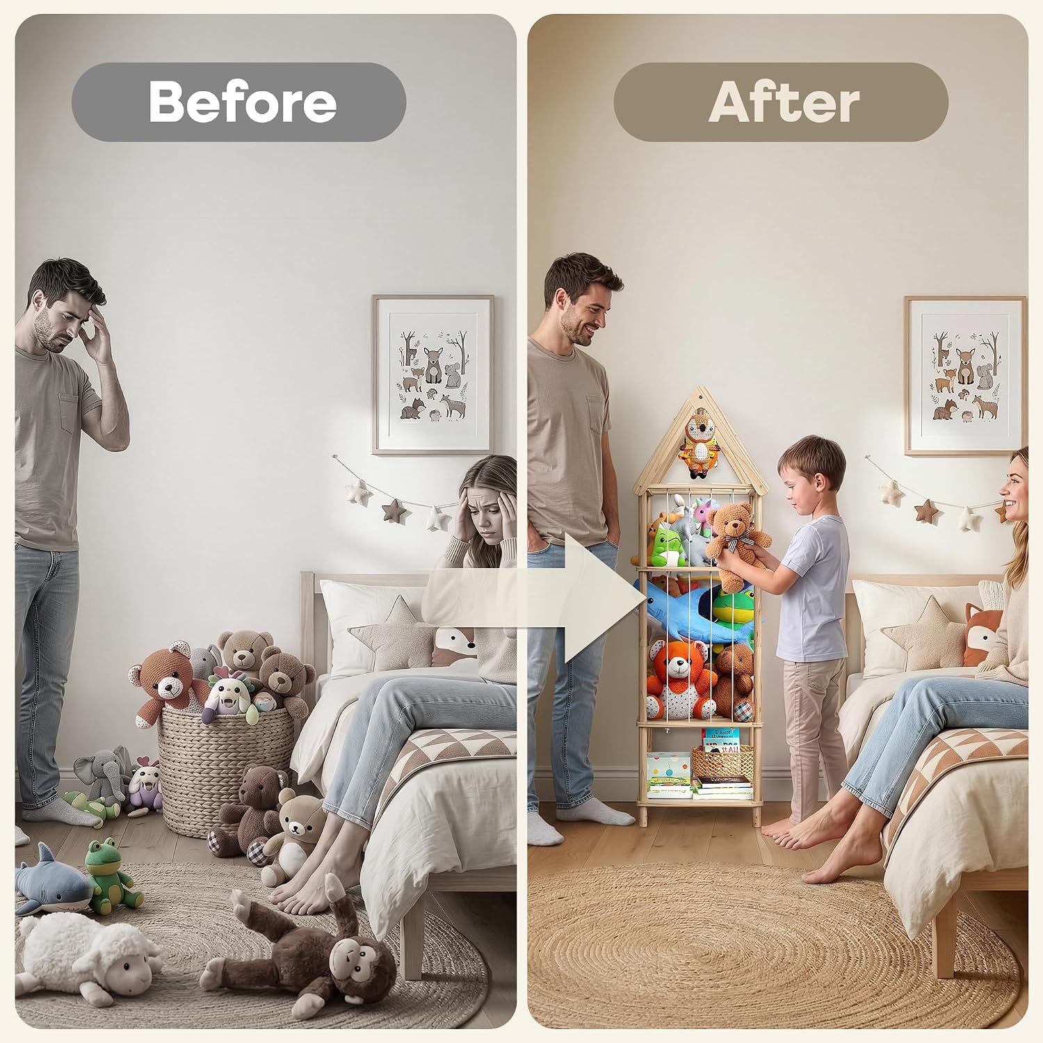 Kid Stuffed Animal Storage Corner, 3 Heights Adjustable (36", 45.5", 55.5") Wooden Zoo Stuffed Animal Organizer with Bottom Shelf, Durable Elastic Plushies Storage Cord - Teddy Bear Holder