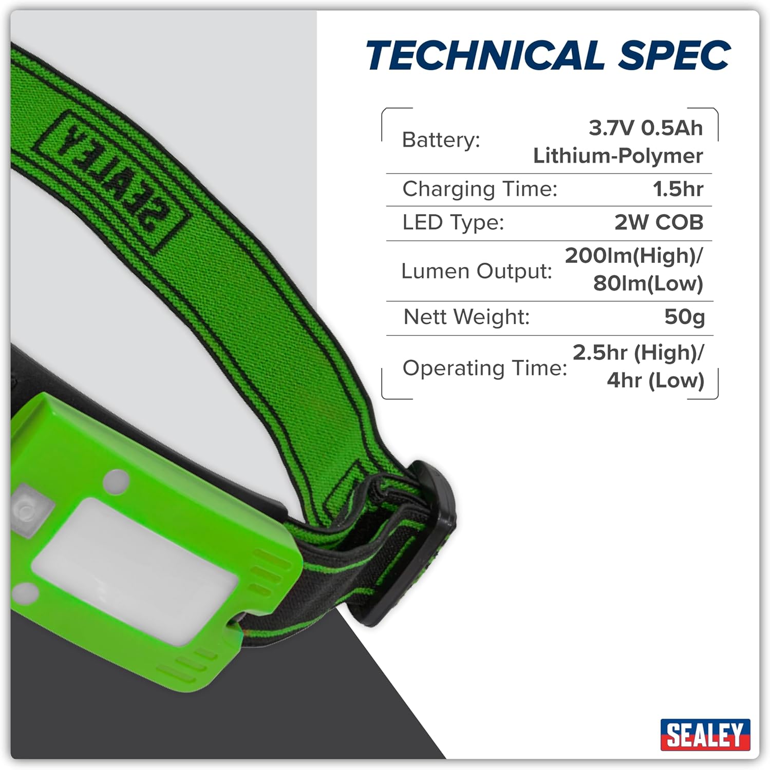 Sealey 2W COB LED Rechargeable Head Torch with Auto-Sensor - Green - LED360HTG