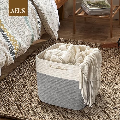 Miniatura 5 de AELS Cestas de algodón tejidas a mano para almacenamiento, cubos de almacenamiento con asas, organizadores plegables plegables y de almacenamiento,
