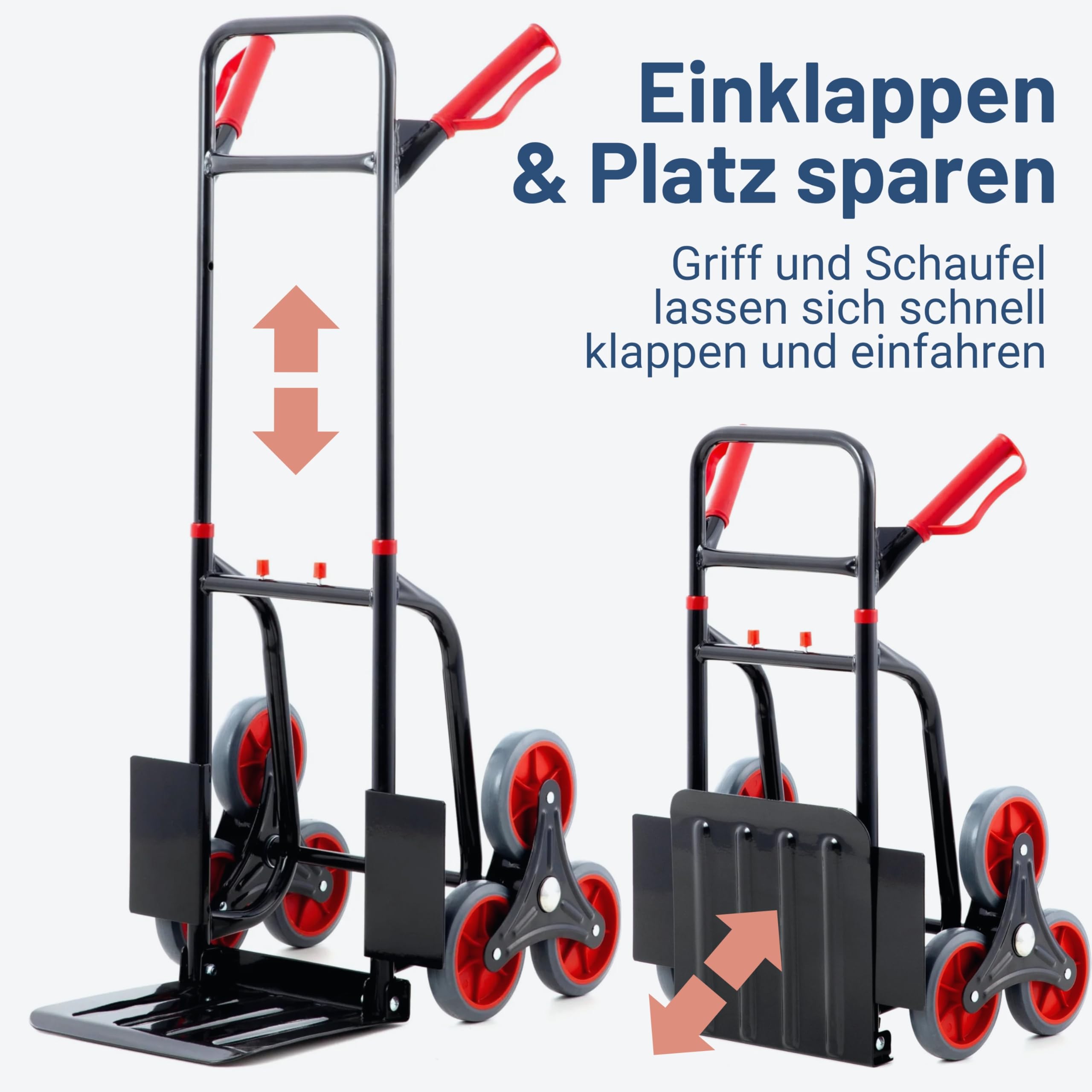 Pallit Sackkarre klappbar & höhenverstellbar [120kg] - ergonomische Treppensteiger-Transportkarre Diablo-FS aus Stahl mit 3-Räder-System als Treppensackkarre, Schubwagen oder Holztransportkarre