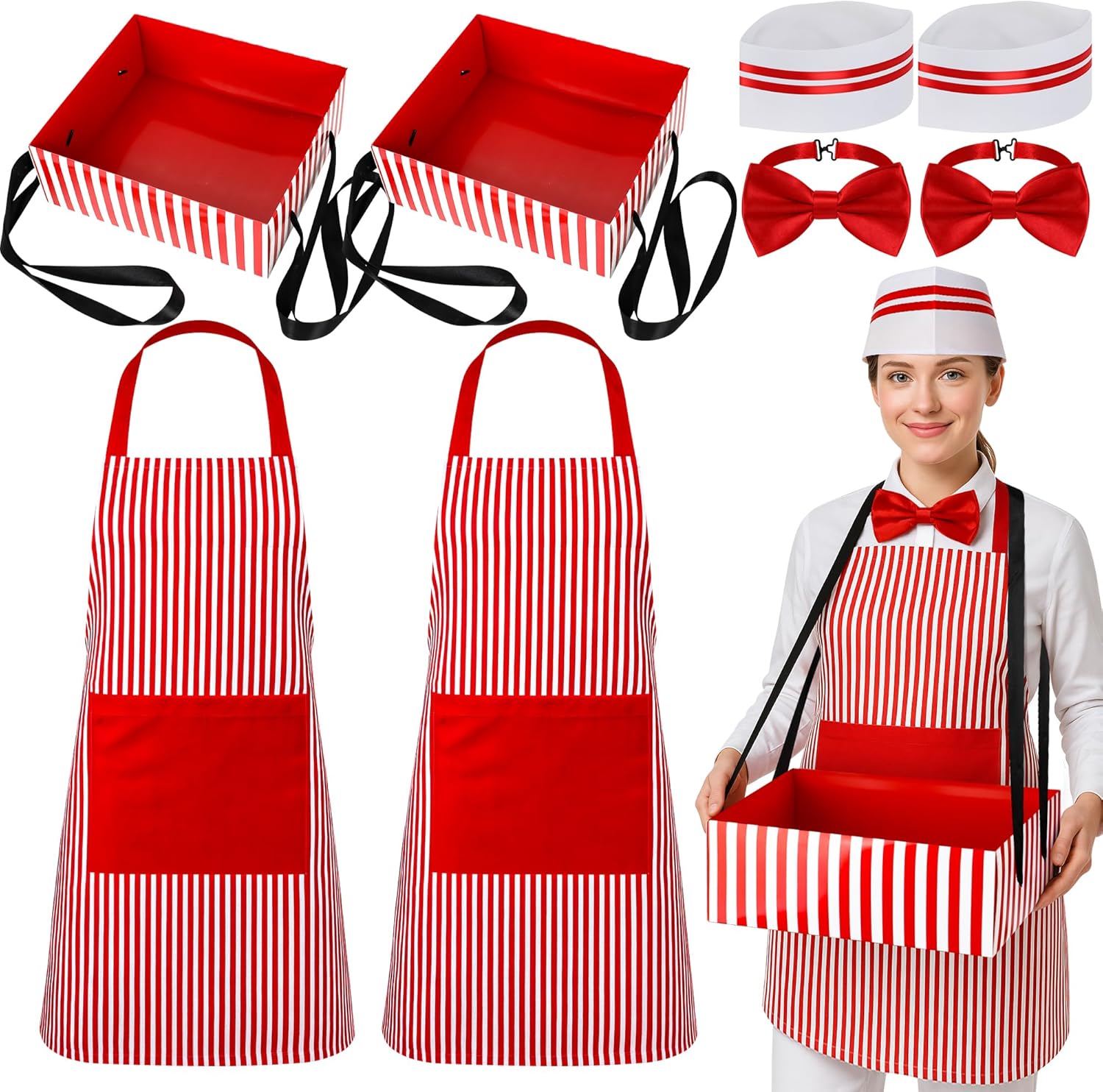 QZYL 1950s Halloween Waiter Costume Apron Set Hot Dog Soda Jerk Movie Night Waitress Cosplay Costume Circus Party 2 Sets