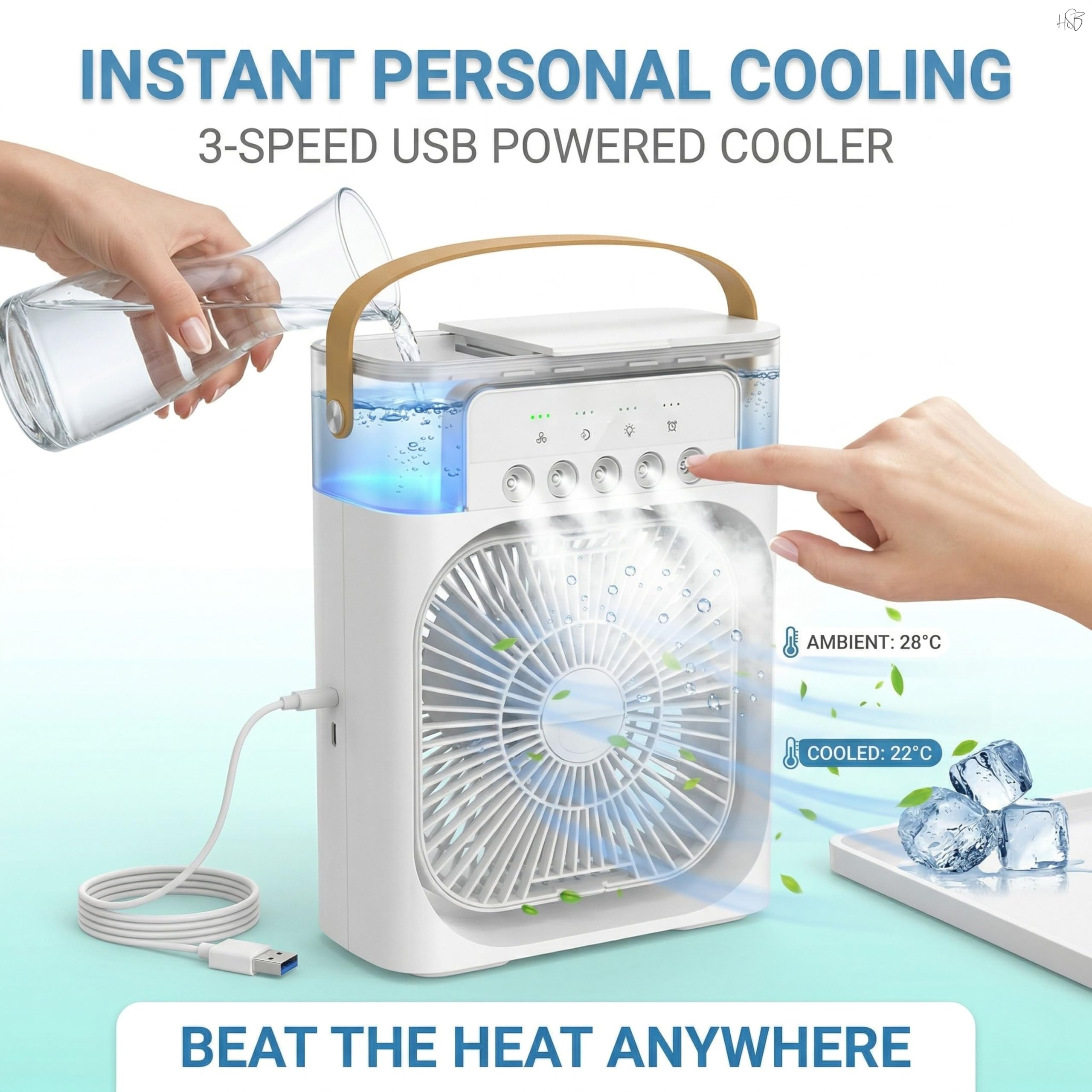 RAMBOT 3-in-1 Portable Air Cooler Mini Evaporative Air Conditioner Fan with 7-Color LED Light, 3 Wind Speeds, 3 Spray Modes & Timer, USB Personal Desk Cooling Fan White 3