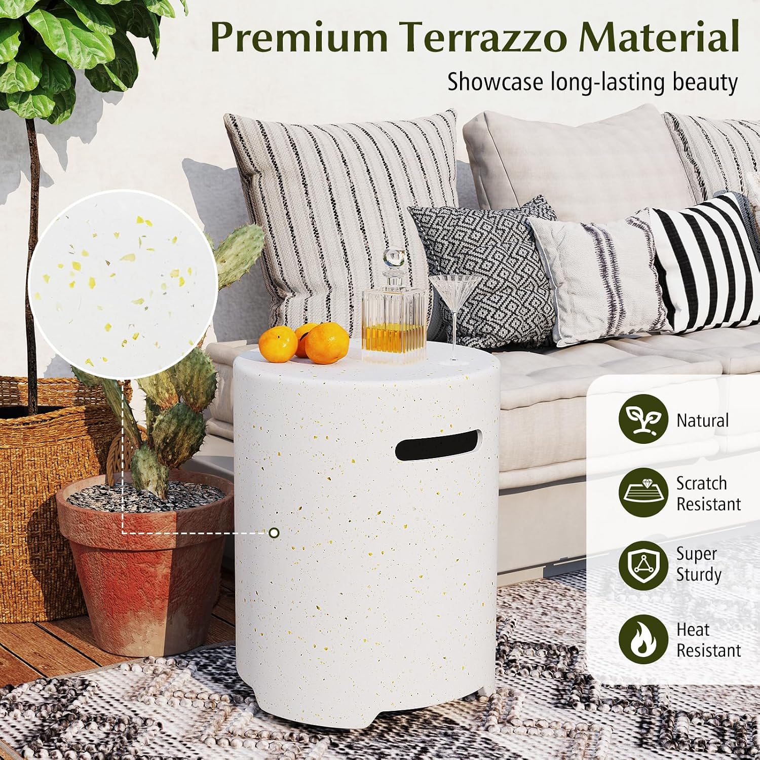 Tangkula Propane Tank Cover Table, 20 LB Propane Tank Storage Box, φ16 x 20.5 Inch Terrazzo Tank Hideaway Table with Side Handles and Protective Cover, Outdoor Side Table for Gas Fire Pit