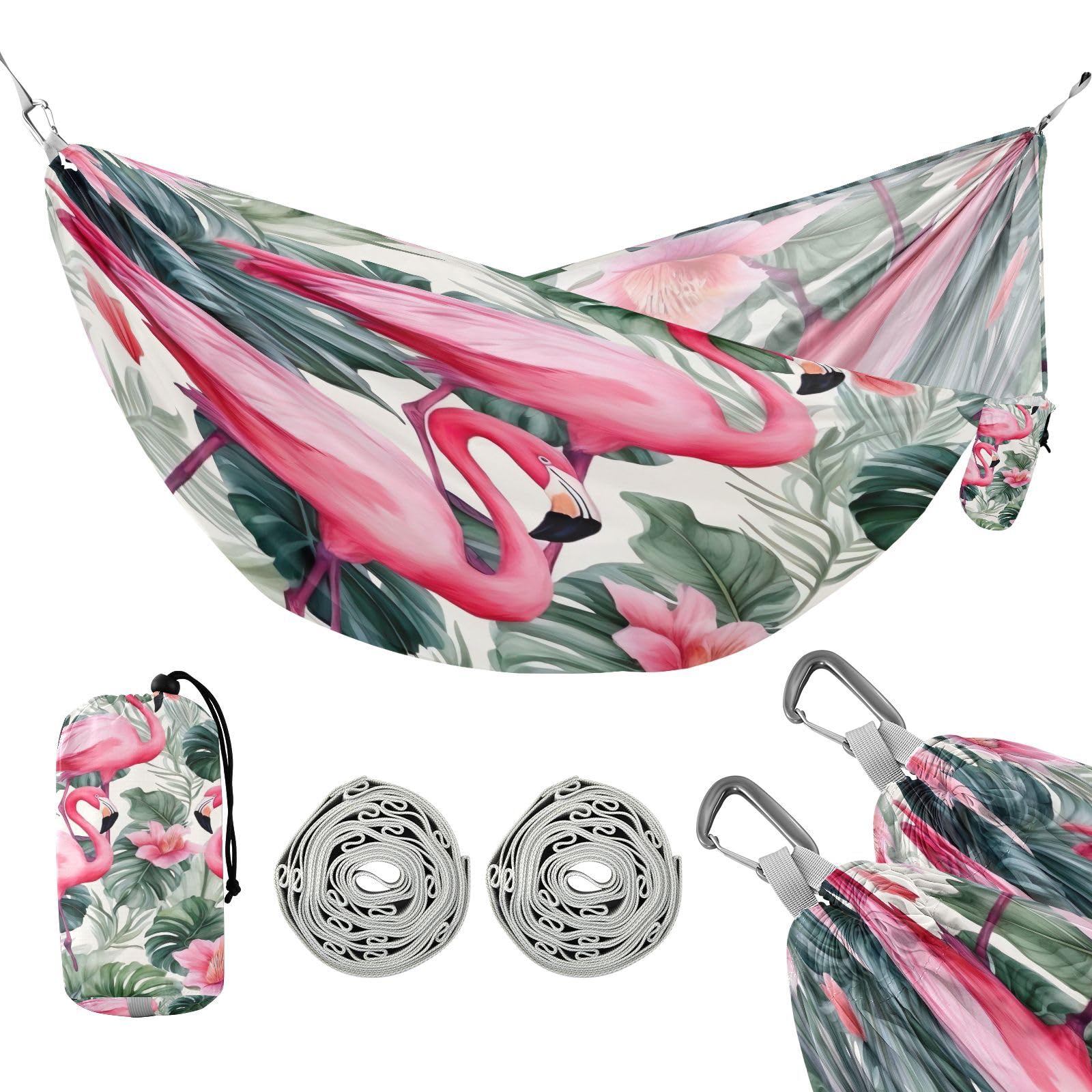 SDMKA Watercolor Pink Flamingo Camping Hammock, 330 lbs with 2 Tree Straps, Carry Bag, Single Portable Hammock for Outdoor/Indoor, Hiking, Beach, Backpacking, Travel