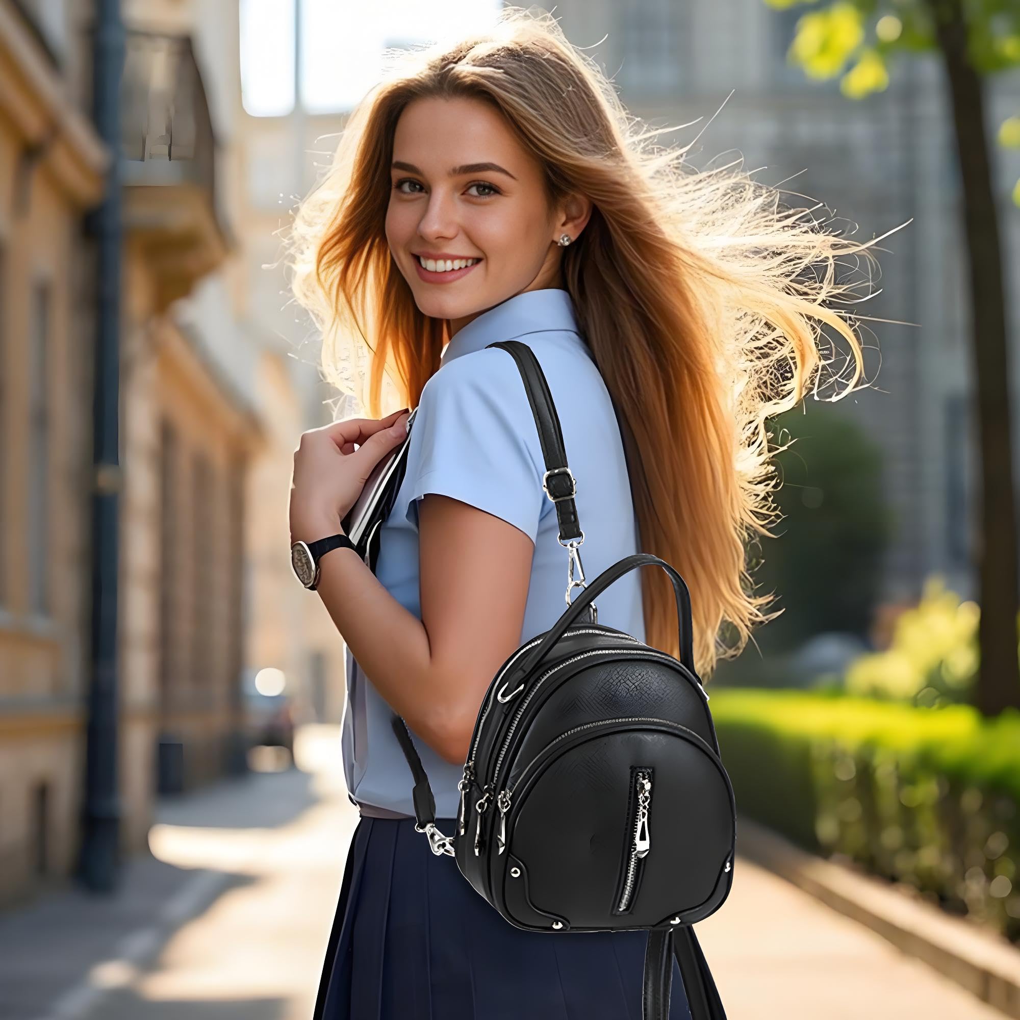 Miss Lulu Wodoodporny plecak ze skóry PU, mały i lekki plecak podróżny ze zdejmowanym paskiem, 4 kieszenie zapinane na zamek
