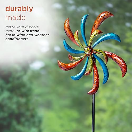 Miniatura 6 de Alpine Corporation Estaca de molino de viento floral de 64 pulgadas de alto con hilandero cinético con joyas, verde y naranja