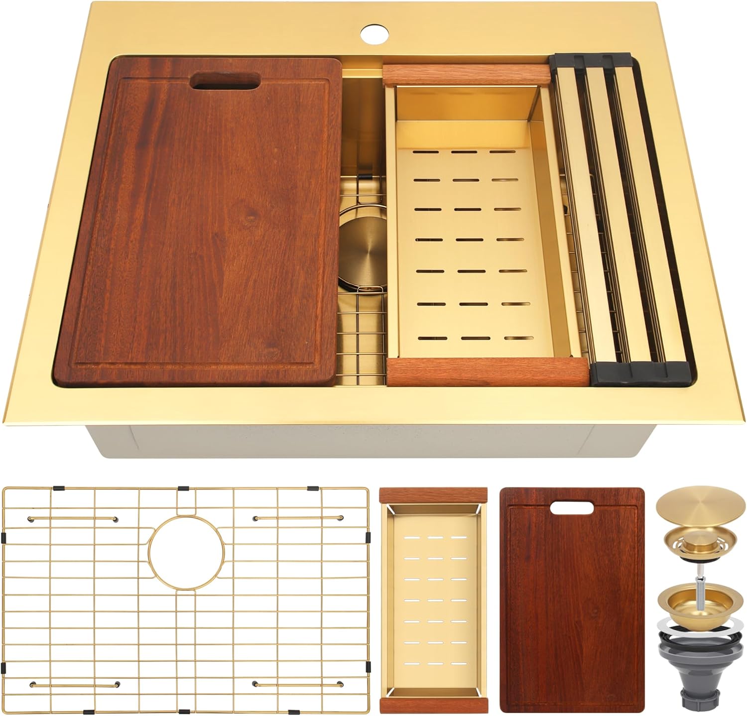 Gold Kitchen Sink 28" X 22",Drop In/Top Mount 16 Gauge Stainless Steel Workstation Sink,Deep & Large Single Bowl Kitchen Sinks (Gold, 28" X 22")