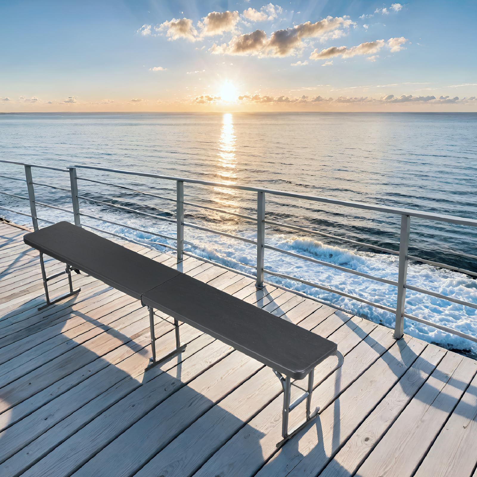 Clevich Lot de 2 bancs de Jardin Pliables 180 cm avec poignée de Transport - en Plastique Haute densité et Structure en Acier - Aspect Bois - pour Jardin, Balcon