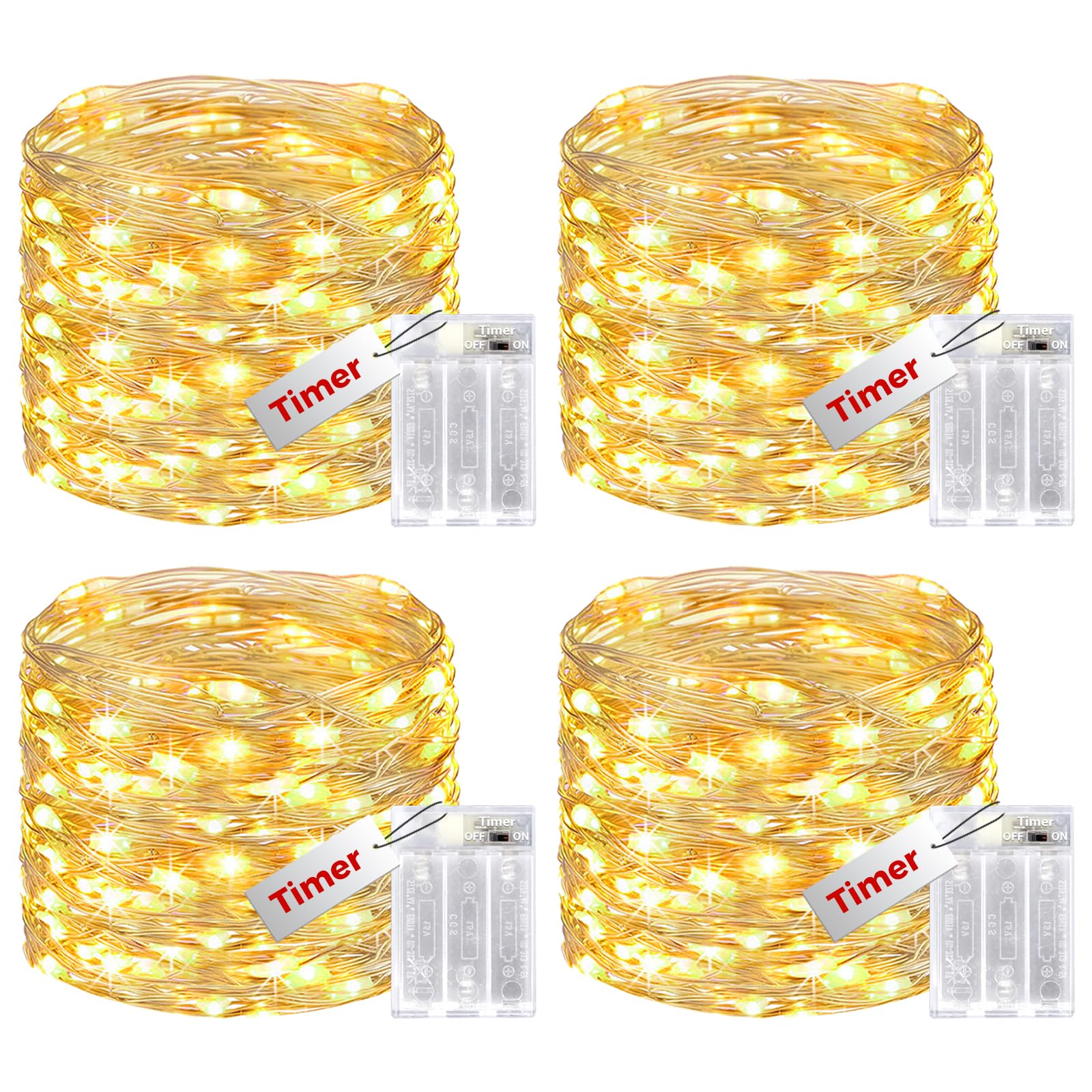 bitjam 12M 120LED Battery Fairy Lights with Timer, 4 Pack Fairy String Light Battery Operated, Waterproof Copper Wire Christmas Decor Battery Powered Indoor for Wedding Party Bedroom Garden-Warm White