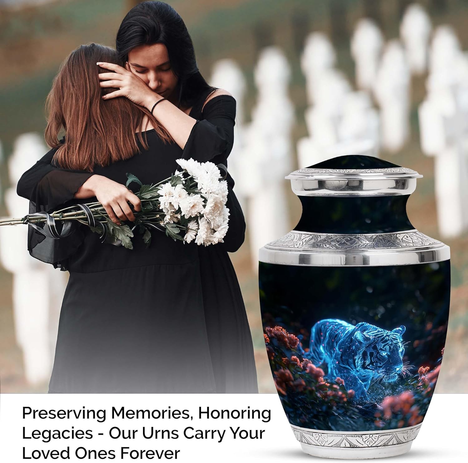 Tiger Urn for Ashes, Cremation Urn, Decorative Urns, Burial Urns for Adult Human Ashes Male & Female 10'' Black & Blue