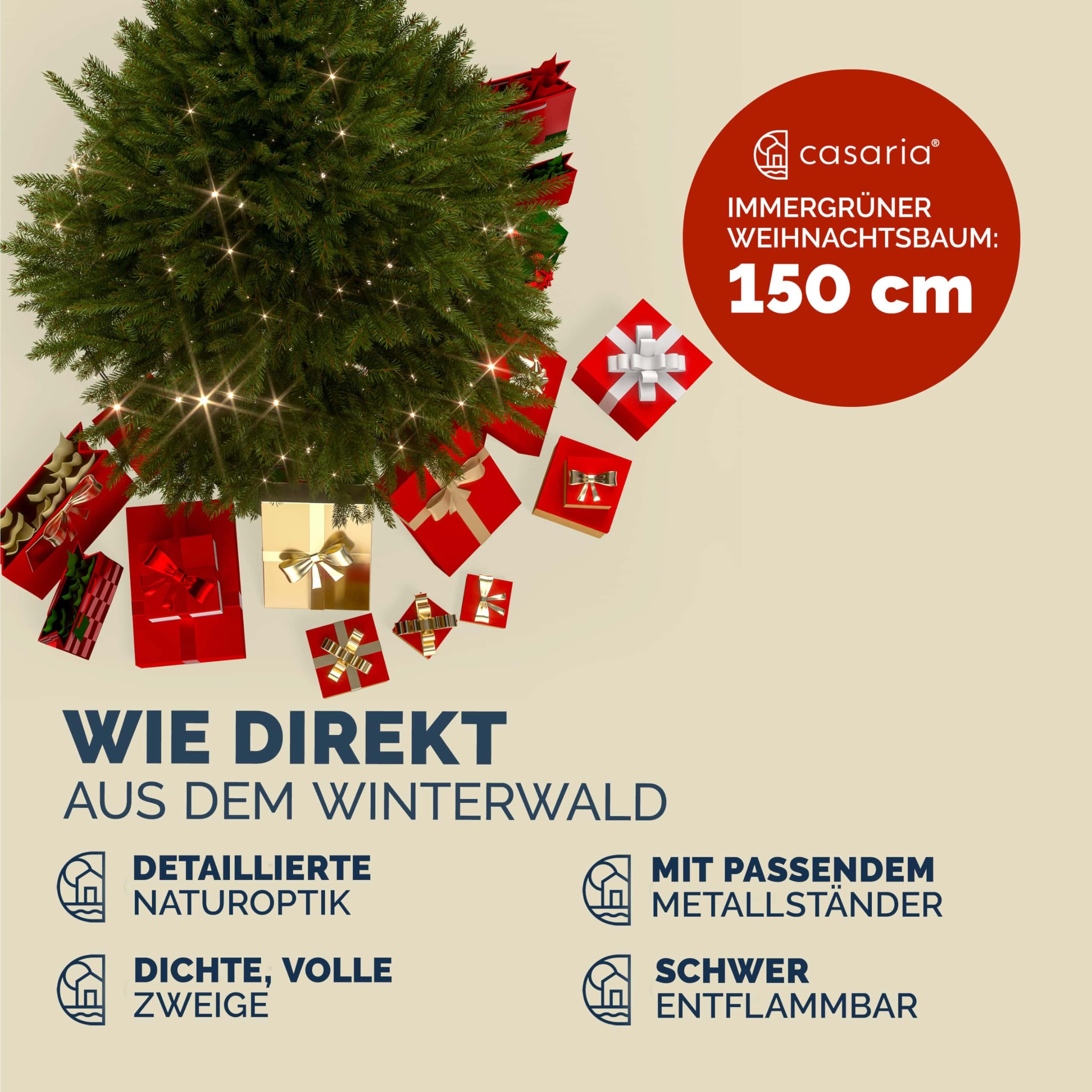 CASARIA® Weihnachtsbaum künstlich 150cm dichte Spitzen schneller Aufbau Metallständer naturgetreu schwer entflammbar grün Tannenbaum Deko Christmas