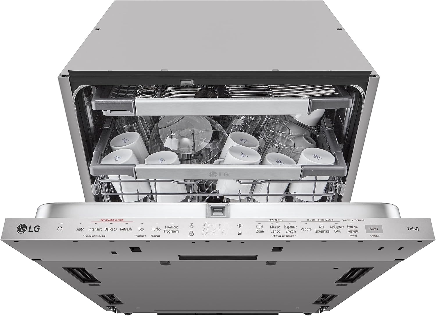 LG QuadWash DB475TXS Lavastoviglie da Incasso, a Scomparsa Totale, Serie 4, Classe A, 14 Coperti, 4 Bracci Irroratori, Vapore, Cerniere Sliding, Apertura Automatica, 3° Cestello, Wi-Fi, Acciaio [Classe di efficienza energetica A]