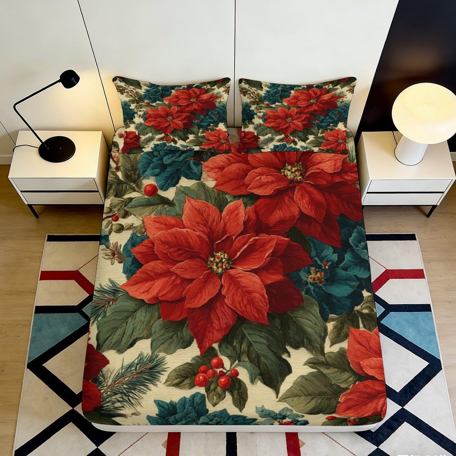 3D Printed Poinsettia Fitted Sheet Microfiber Floral Bed Cover with Red Green Leaves Mattress Cover for Bedroom Dormitory Guest Room Protection 160x200x25cm