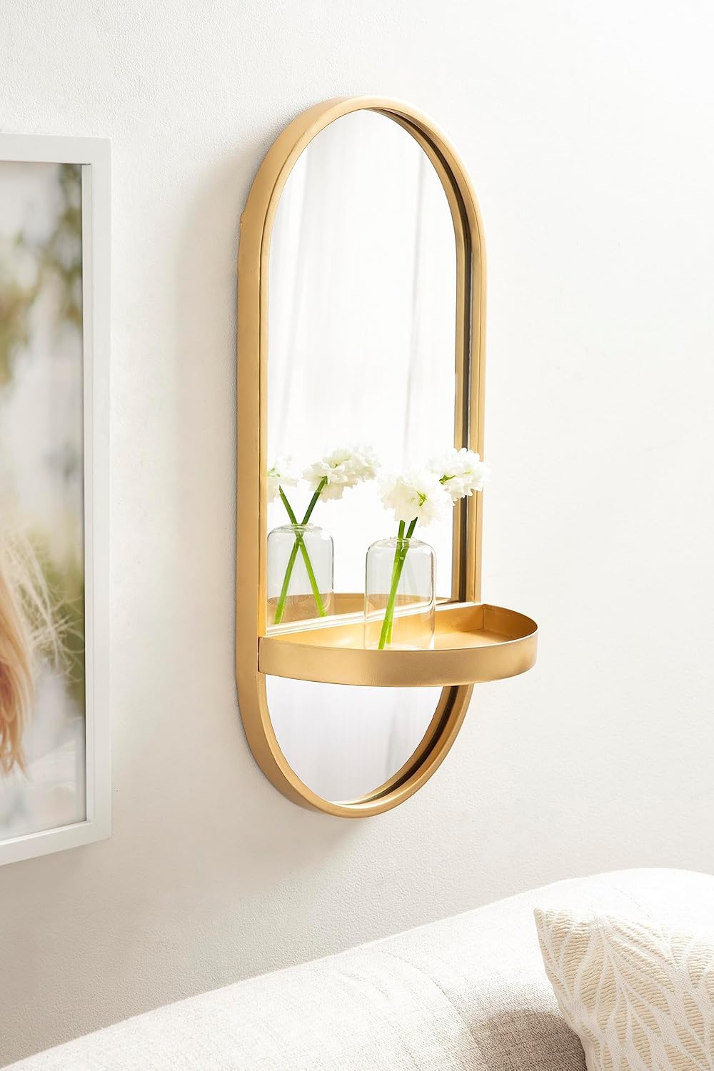 Kate and Laurel Estero Modern Metal Oval Mirror with Rounded Shelf; 11 x 25; Gold; Decorative Modern Glam Capsule Shelf Mirror for Storage and Display