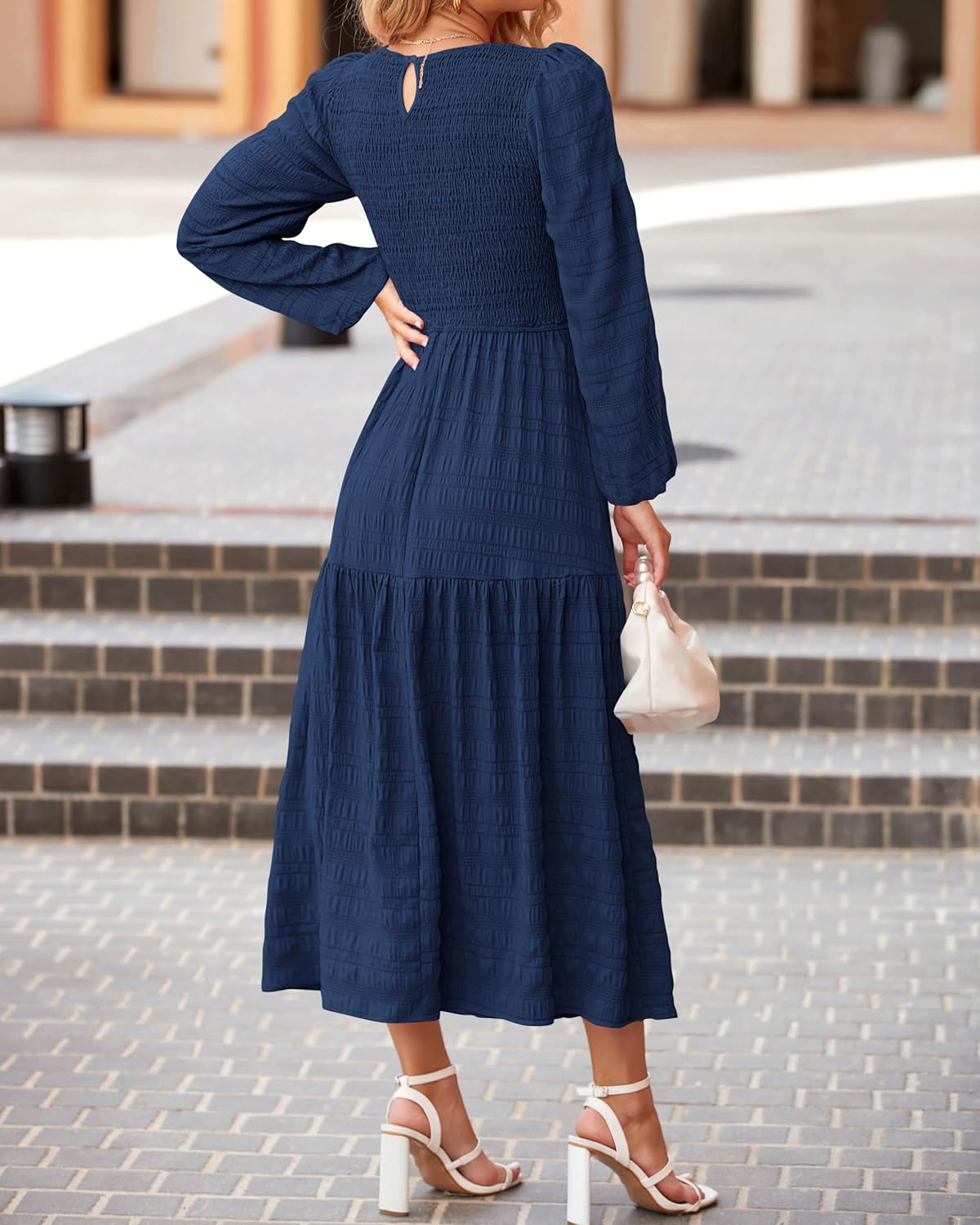 dowerme Women's Dresses 2026 Spring Puff Long Sleeve Crewneck Smocked Tiered Flowy A-Line Boho Wedding Party Maxi Dress - Image 6