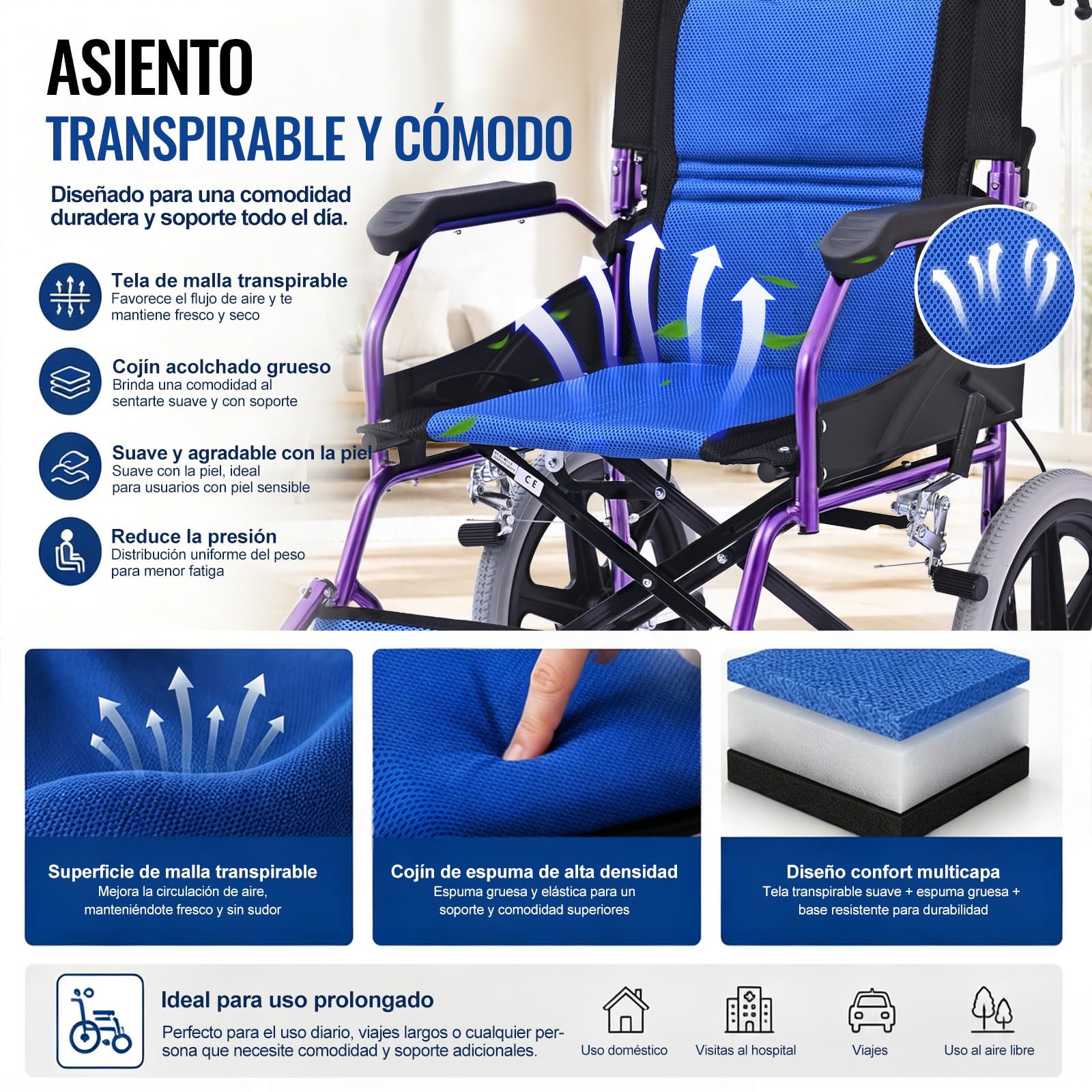 M3 Silla de Ruedas Plegable Ligera para Adulto, Fácil de Transportar, Doble Freno, Reposapiés Plegables, Soporta hasta 100 kg, Ideal para Mayores y Movilidad Reducida - Púrpura