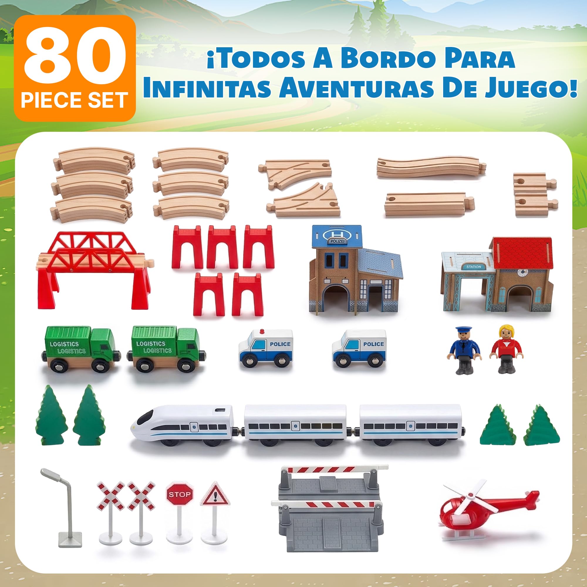 Tren de Madera para Niños - Green Series Modelo GS0010, Tren Juguete con 80 Elementos, Ideal para Niños de 2-3 Años, Vías y Trenes de Juguetes para Niños