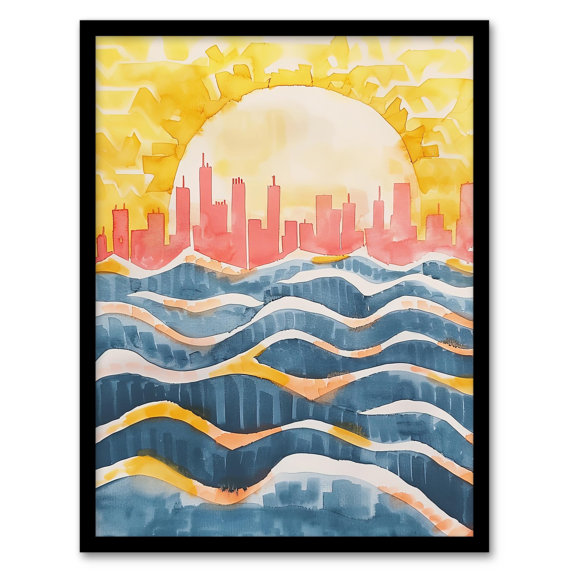 Artery8 New York City Water Skyline Sunset Cityscape Living Room Artwork Framed Wall Art Print 18X24 Inch