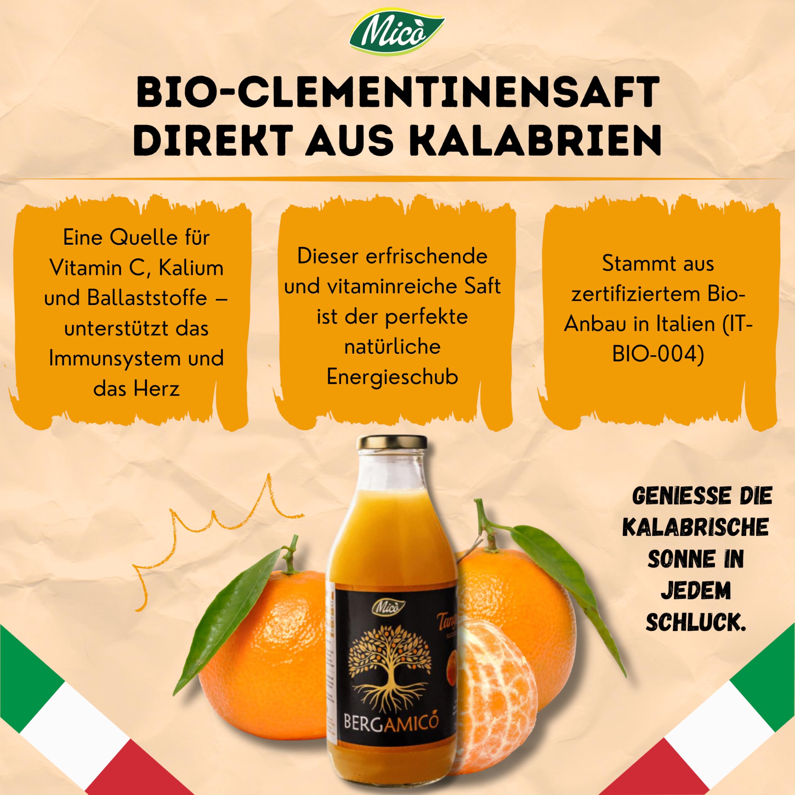 Bergamicó Clementinensaft Kalabrien 5 Stück 750 ml - Clementinensaft Aus Kalabrien - Naturbelassener Clementinensaft In Glasflasche - Mechanisch Kaltgepresst