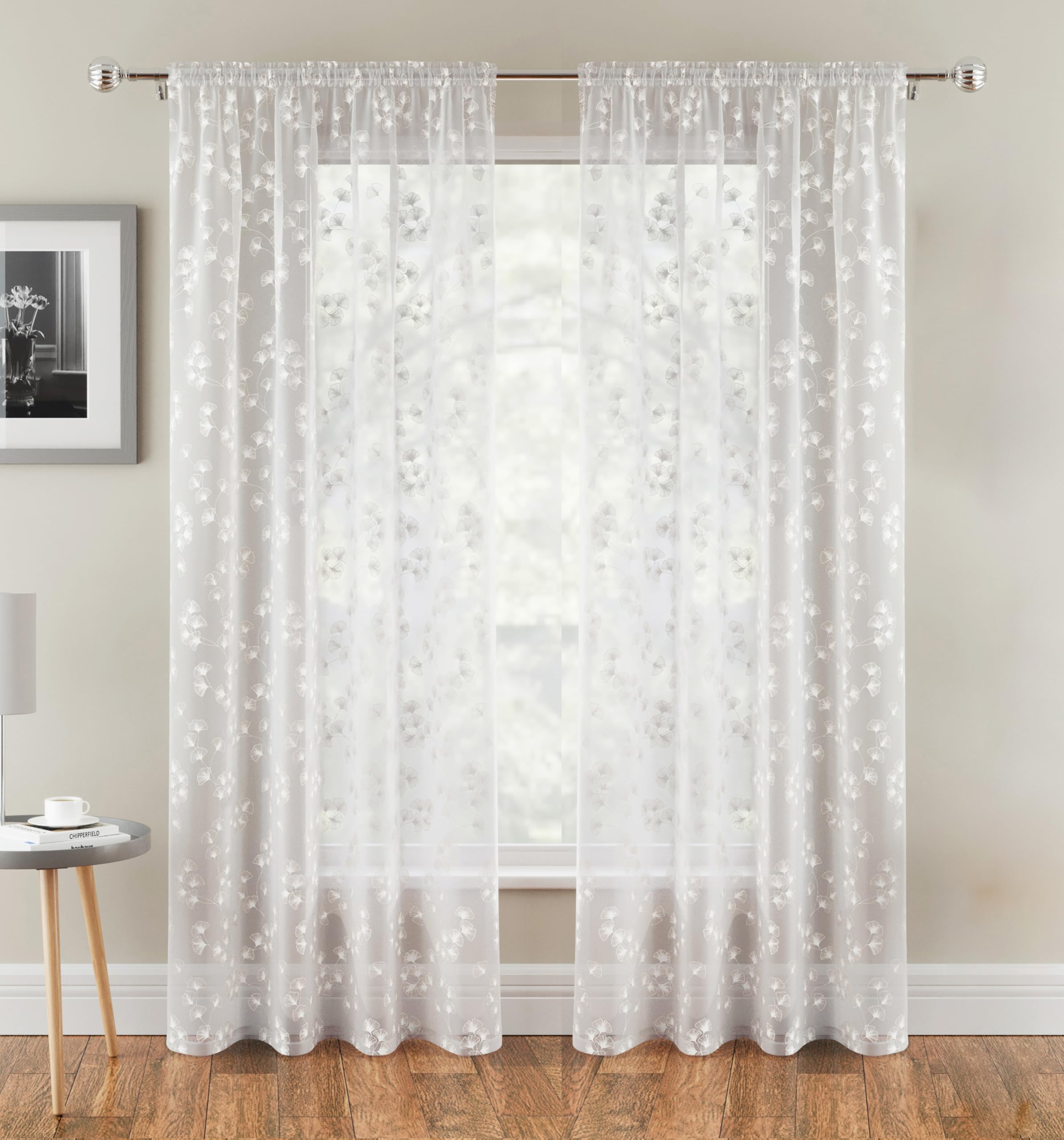 Tyrone Textiles White Pair Of Delila Trail Leaf Print Sheer Voile Panels 183 Cm With Rod Pocket Header