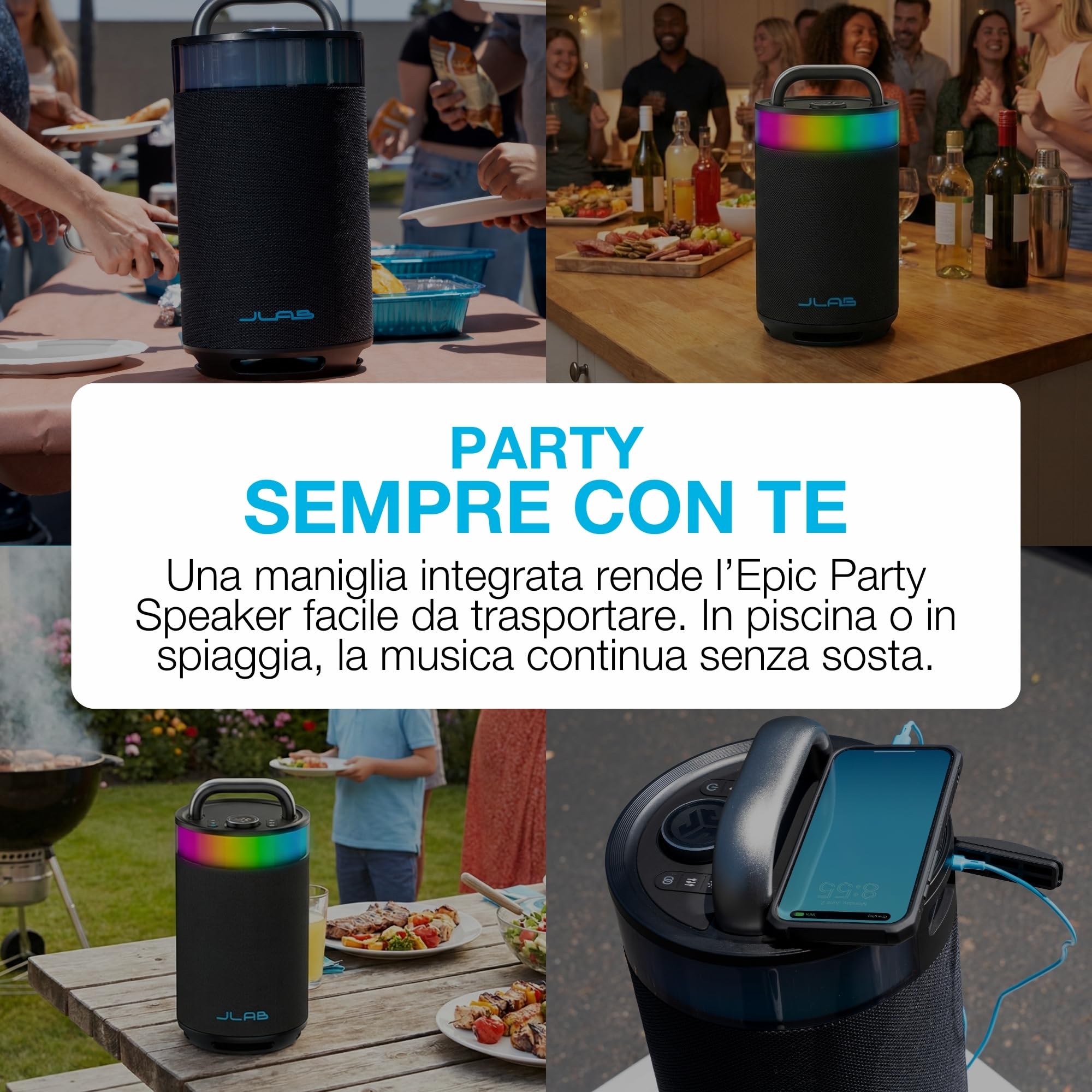 JLab Epic Party Altoparlante Bluetooth Portatile 100W - 16+ Ore, Nero | Cassa Wireless con Luci RGB & Suono 360 Gradi, IP56 Resistente Acqua, EQ Personalizzato