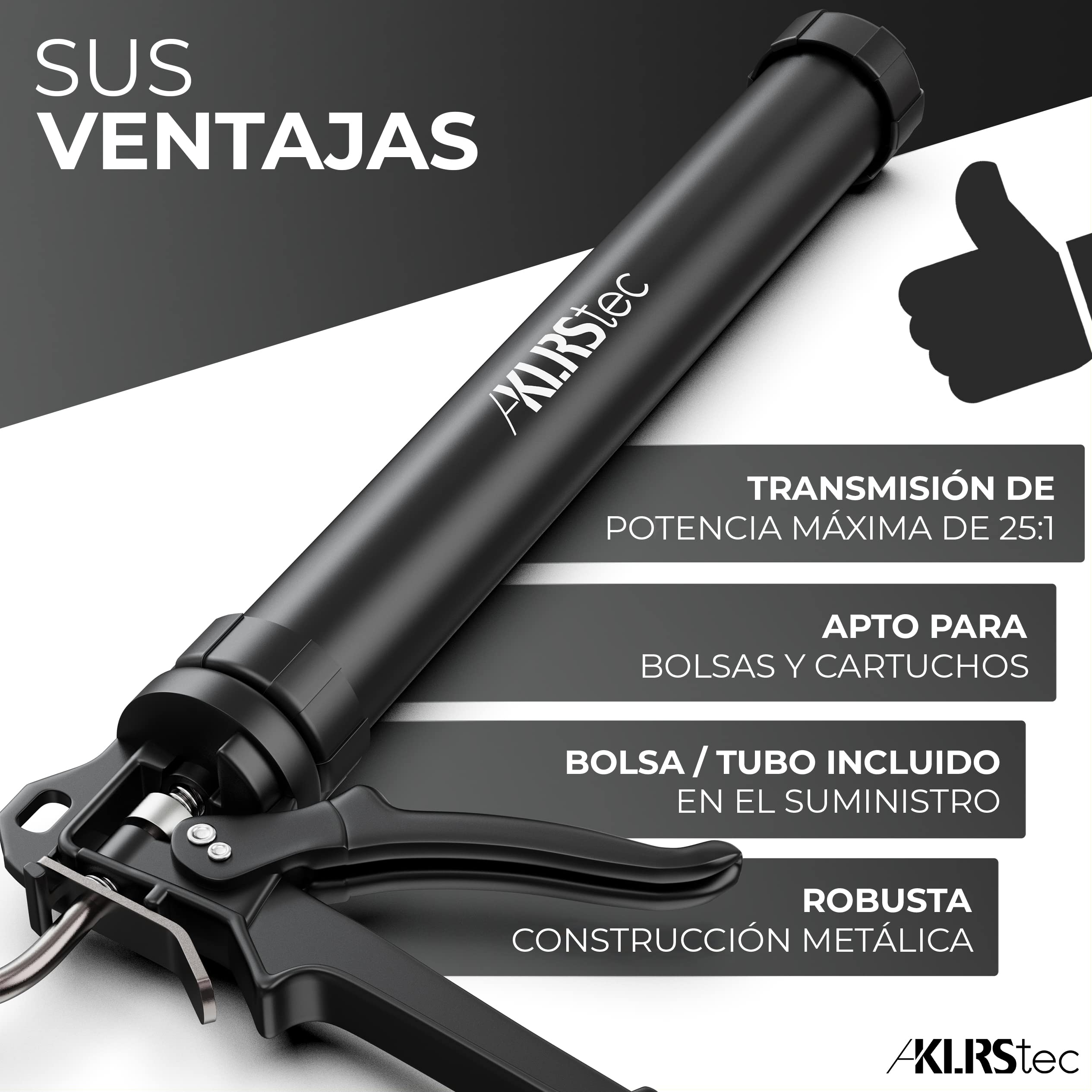 KLRStec® Pistola profesional Pro XL para cartuchos| Pistola para cartuchos de silicona, perfecta para rejuntar y sellado de clafateo | Pistola de aluminio para todo tipo de cartuchos de 310ml a 600ml