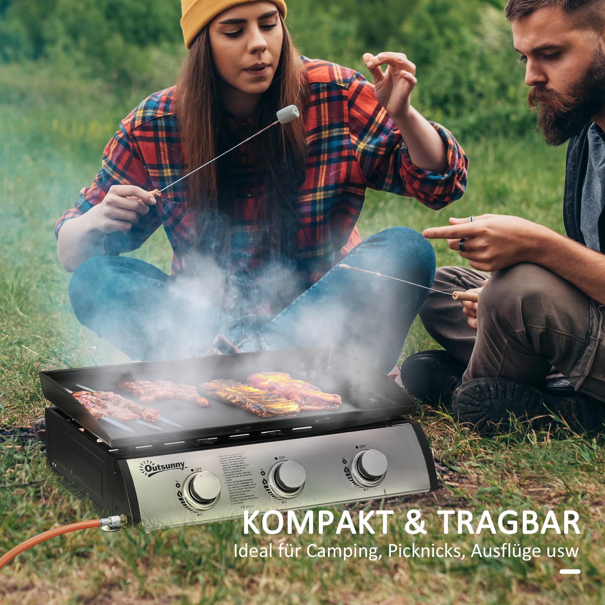 Outsunny Gasgrill mit 3 Brenner 7,5 kW Grillfläche 61 × 35,5 cm tragbarer Tischgrill mit Deckel Tischgasgrill aus Edelstahl BBQ Campinggrill für Garten Balkon Camping Schwarz