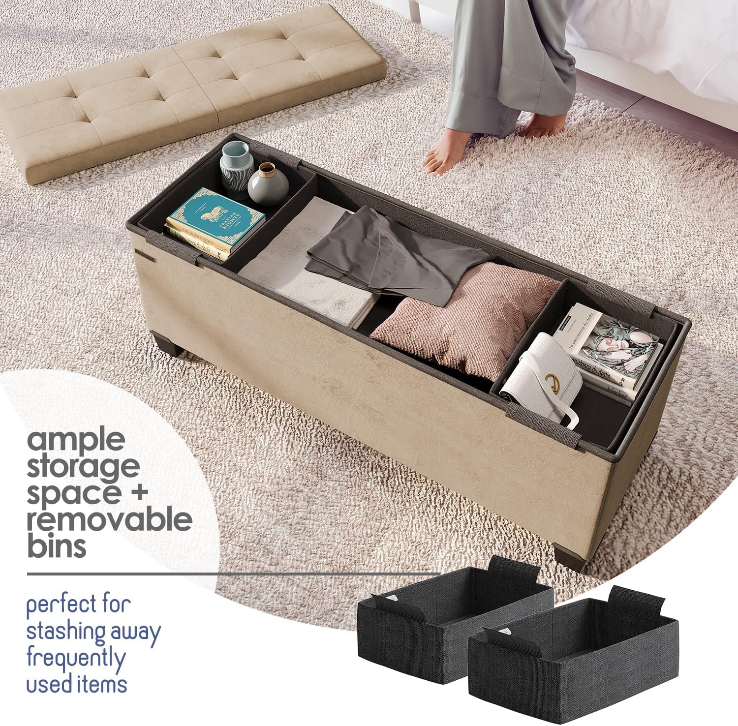 Storage Ottoman Bench with Bins, 43-in Storage Bench for Bedroom End of Bed, Folding Foot Rest Ottoman for Living Room Max 660lbs, Leather Ottomans, Taupe - Image 3