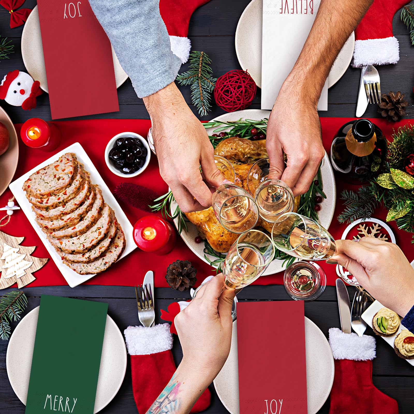 Whaline Lot de 150 serviettes de table jetables en papier pour invités de Noël Rouge/vert/blanc