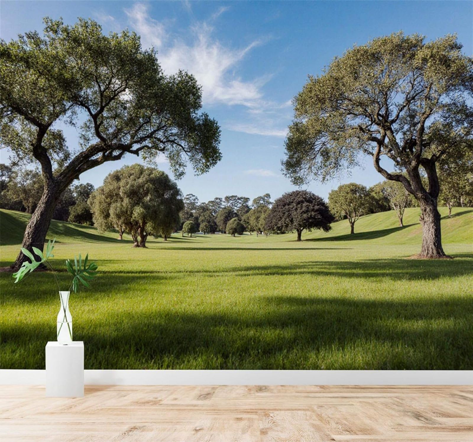 XLMING Fresh Lush Green Grass Swaying Tree Shadows Sky Scenery 3D Wallpaper Silky Texture Home Study Office Grey Dining Room Sofa Bedroom Living Room TV Backdrop-400cm×280cm
