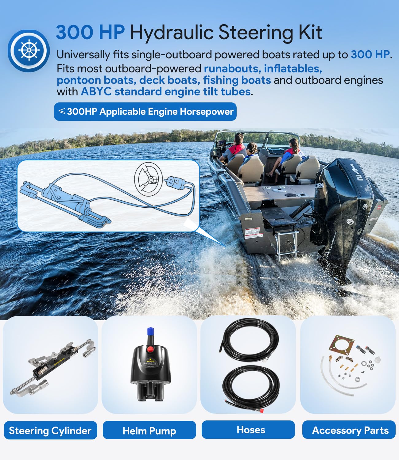 sixcow Hydraulic Steering Kit 300HP Hydraulic Steering Compact Cylinder Hydraulic Outboard Steering Kit with Helm Pump for Boat Marine Steering System