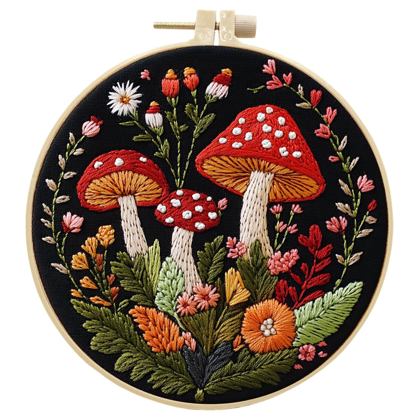 InteDesign Embroidery Kits for Adult Beginners, DIY Embroidery Starter Kit with Flowers Bird Pattern Instruction,Bamboo Hoops, Threads and Needles (Forest Mushrooms)