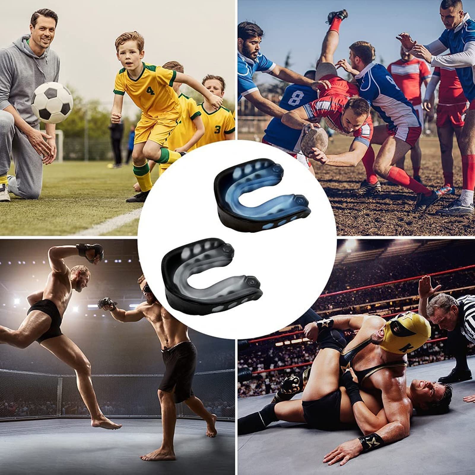 Paquete de 4 Protectores Bucales, Boquilla de Fútbol con Correa Profesional Protector Bucal Deportivo Juvenil para El Fútbol Baloncesto, Lacrosse, Hockey, Boxeo, MMA, Lucha Y Todos Los Deportes