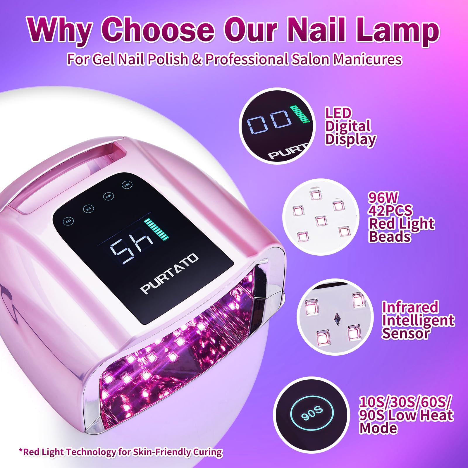 Purtato Luz UV LED recargable profesional de 96 W portátil inalámbrica para máquina de lámpara de uñas con parte inferior de acero inoxidable extraíble, 4 ajustes de temporizador y secador de uñas con