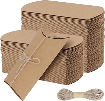 SEUNMUK 150 PCS 6.9 x 4 x 1.5 inch Pillow Boxes, Kraft Mini Favor Pillow Packaging Boxes with Twines for Anniversary, Birthday, Wedding