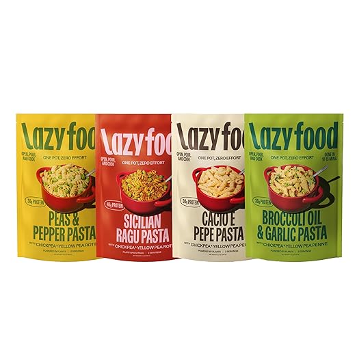 Lazy Food Cacio e Pepe, Broccoli Garlic & Oil, Peas & Pepper, & Vegan Ragu Gluten Free Pasta Dinner | Low Carb High Protein Italian One Pot Meal Kit | Chickpea & Yellow Pea Penne - Variety 4 Pack (8 Servings)