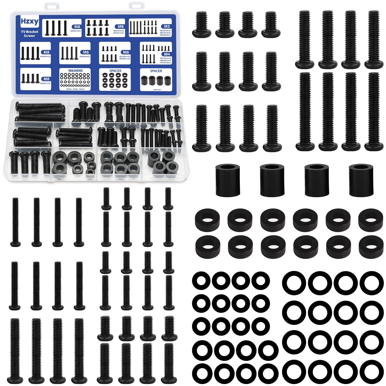 Hzxy TV Bracket Screws, 108PCS M4 M5 M6 M8 VESA Screws & Bolts Kit with Washers and Spacers for TV Wall Brackets, Universal TV Mounting Bolts and Screws for Back of TV, Fits Most TVs Up to 90 Inch