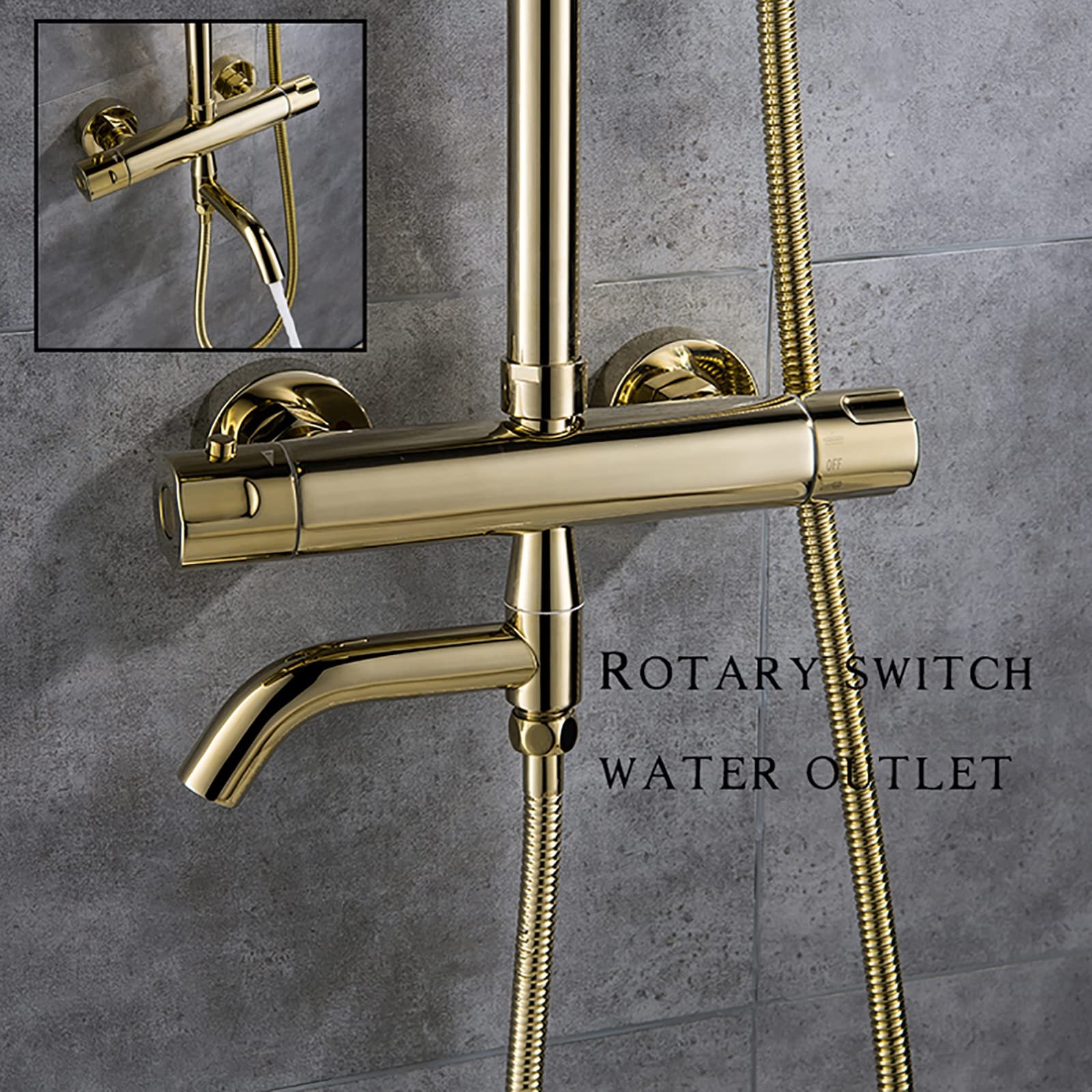Zestaw prysznicowy Gold Shower System z termostatyczną baterią prysznicową 10 cali, zestaw prysznicowy z mieszaczem ściennym i wylewką wannową, okrągłą głowicą prysznicow