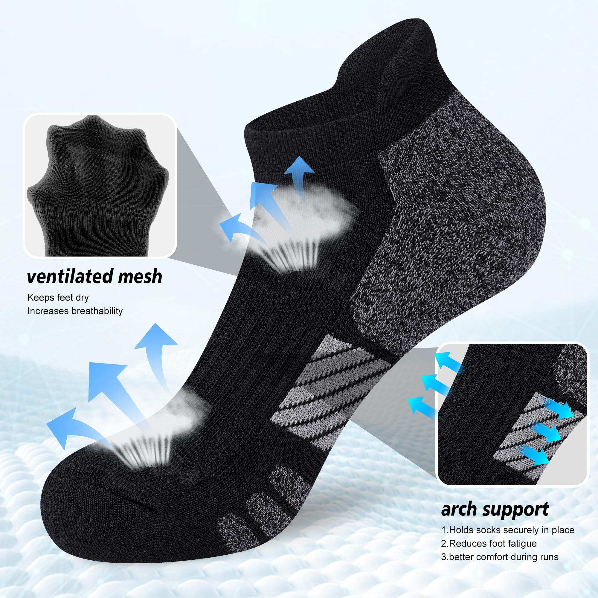 Knöchelsocken für Damen, Anti-Blasen, atmungsaktiv, Laufen, athletisch, gepolstert, 3/6 Paar