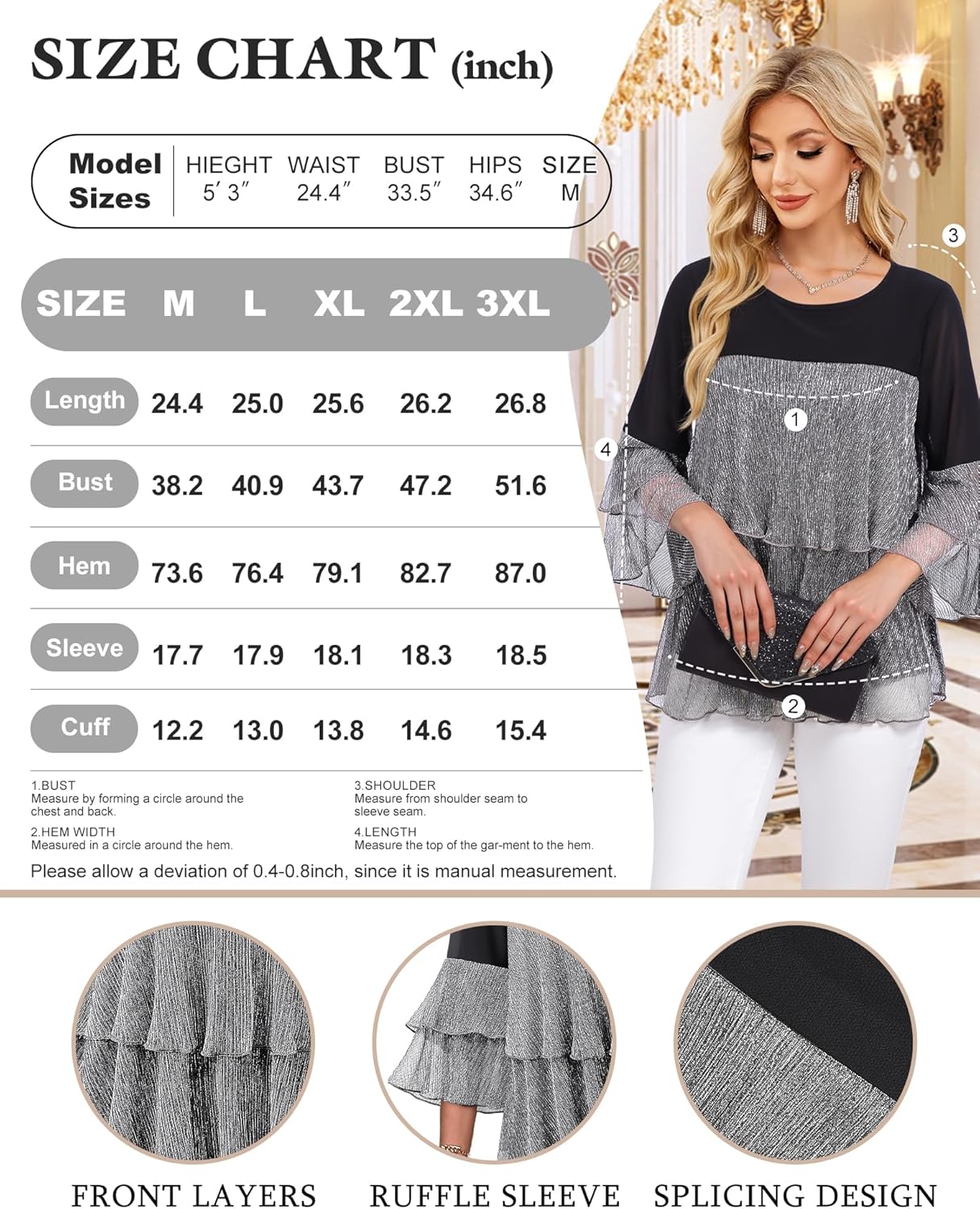 Bebonnie Womens Dressy Sparkly Peplum Tops 3/4 Sleeve Ruffles Elegant Evening Flowy Blouses - Image 7