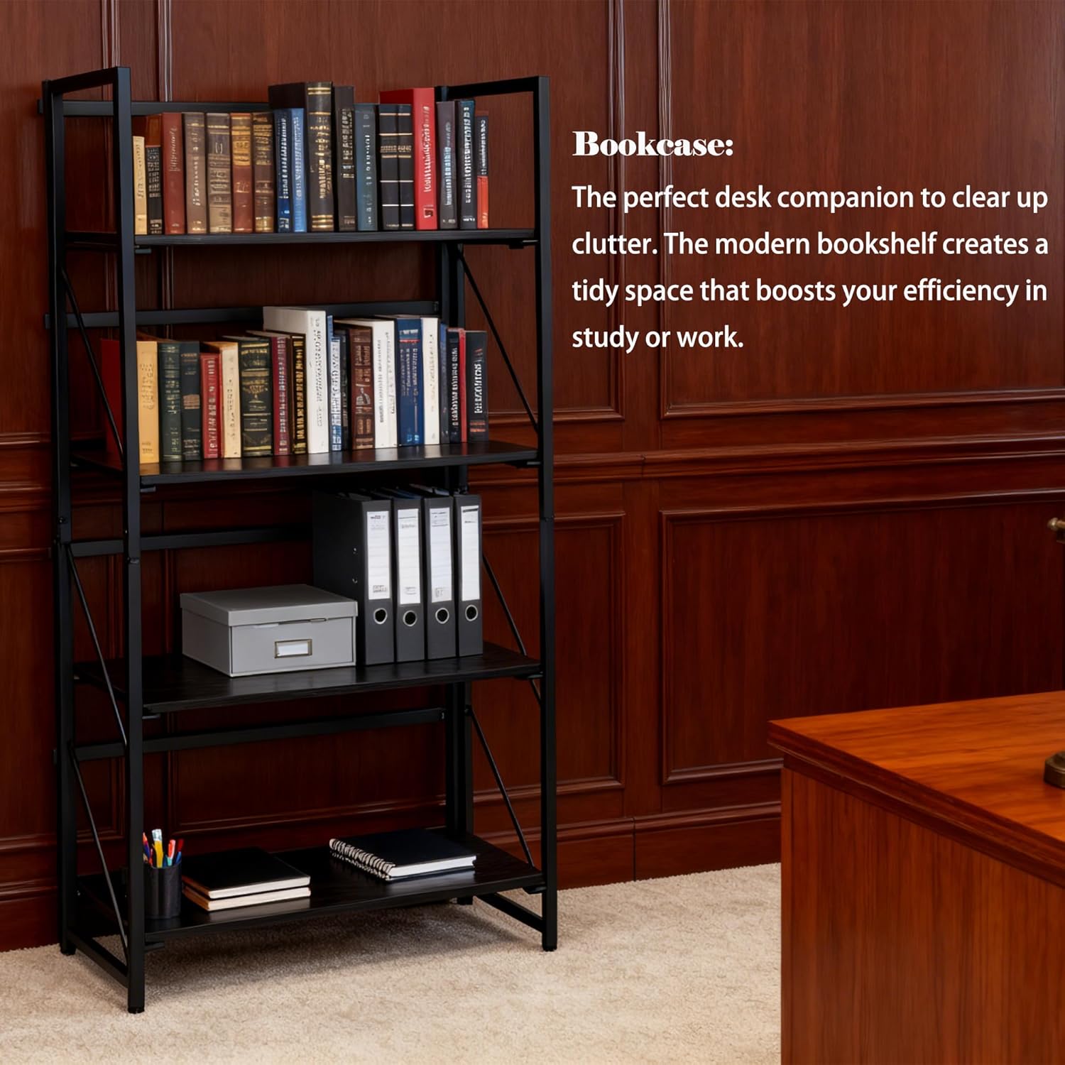 Folding Bookshelf, 4 Tier Foldable Bookcase, Multifunctional Plant Shelf Storage Rack for Home Office, Easy Assembly,Black