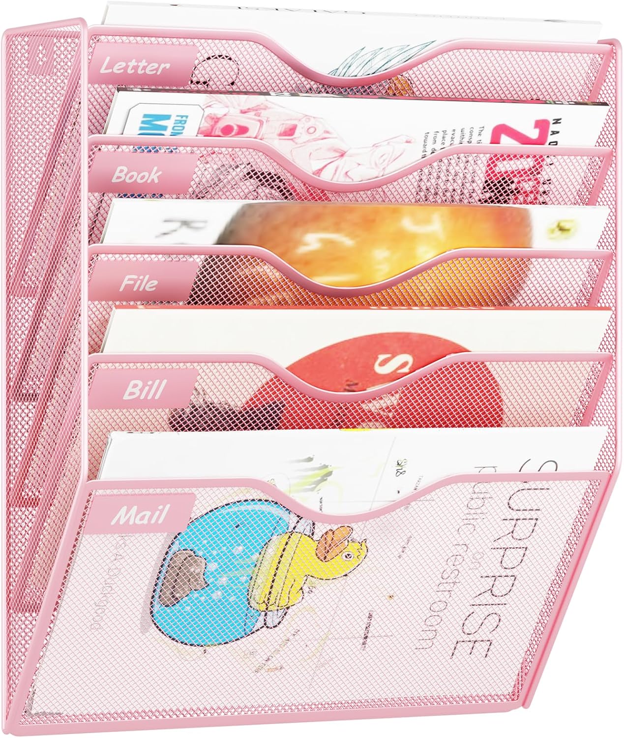5 Pockets Hanging Wall File Organizer Mail Holder, Wall Mounted Paper Document Folder Holder, Clipboard Storage Organization Magazine Rack, Pink