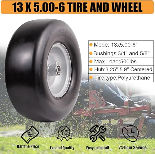 Miniatura 2 de Neumático y rueda libres de 13 x 5.00-6, repuesto de montaje de neumático delantero suave de giro cero para cortacésped, tractor de jardín, con