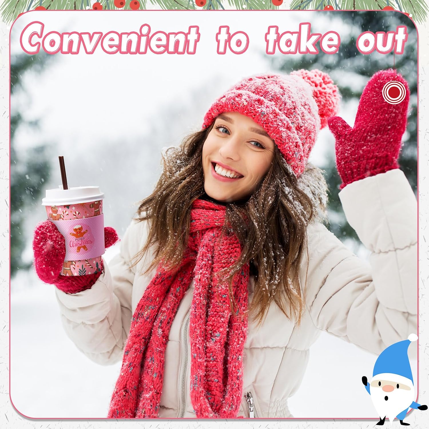 Remerry 100 Sets 400 Pcs 12 oz Christmas Disposable Coffee Cups with Lid, Straws and Sleeves Snowflake Reindeer Snowman Paper Cups Xmas Party Supplies for Hot Drink Cold Beverage(Pink Christmas)