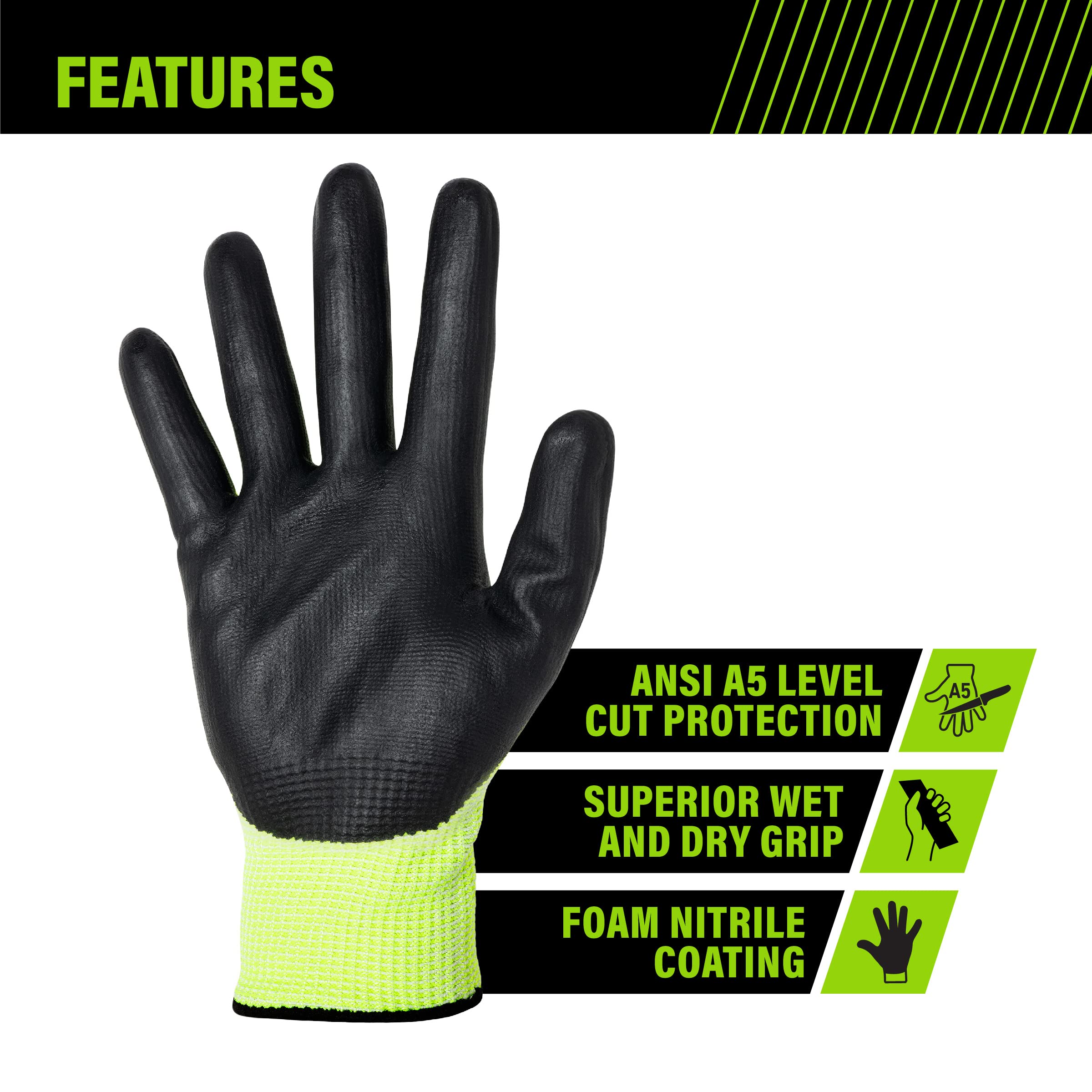 AWP Guantes de trabajo con revestimiento resistente a cortes ANSI A5 de alta visibilidad para hombres y mujeres, talla L