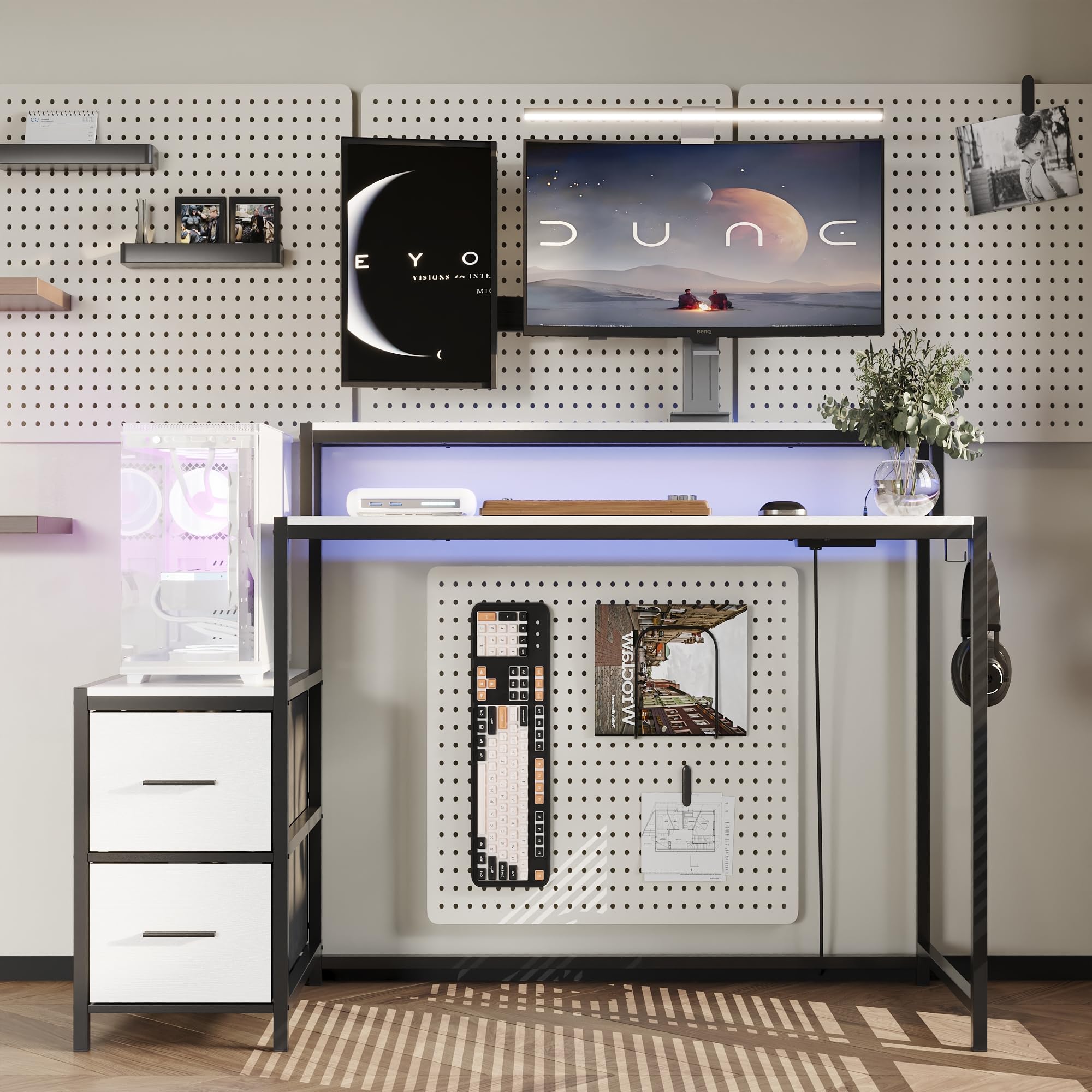 Gaming-Schreibtisch mit stoffgefütterten Schubladen, Gaming Tisch, Groß Pc Computertisch, Computertisch mit 2 großen unabhängigen Schubladen, 100 x 48 x 90 cm, Weiß + Schwarz